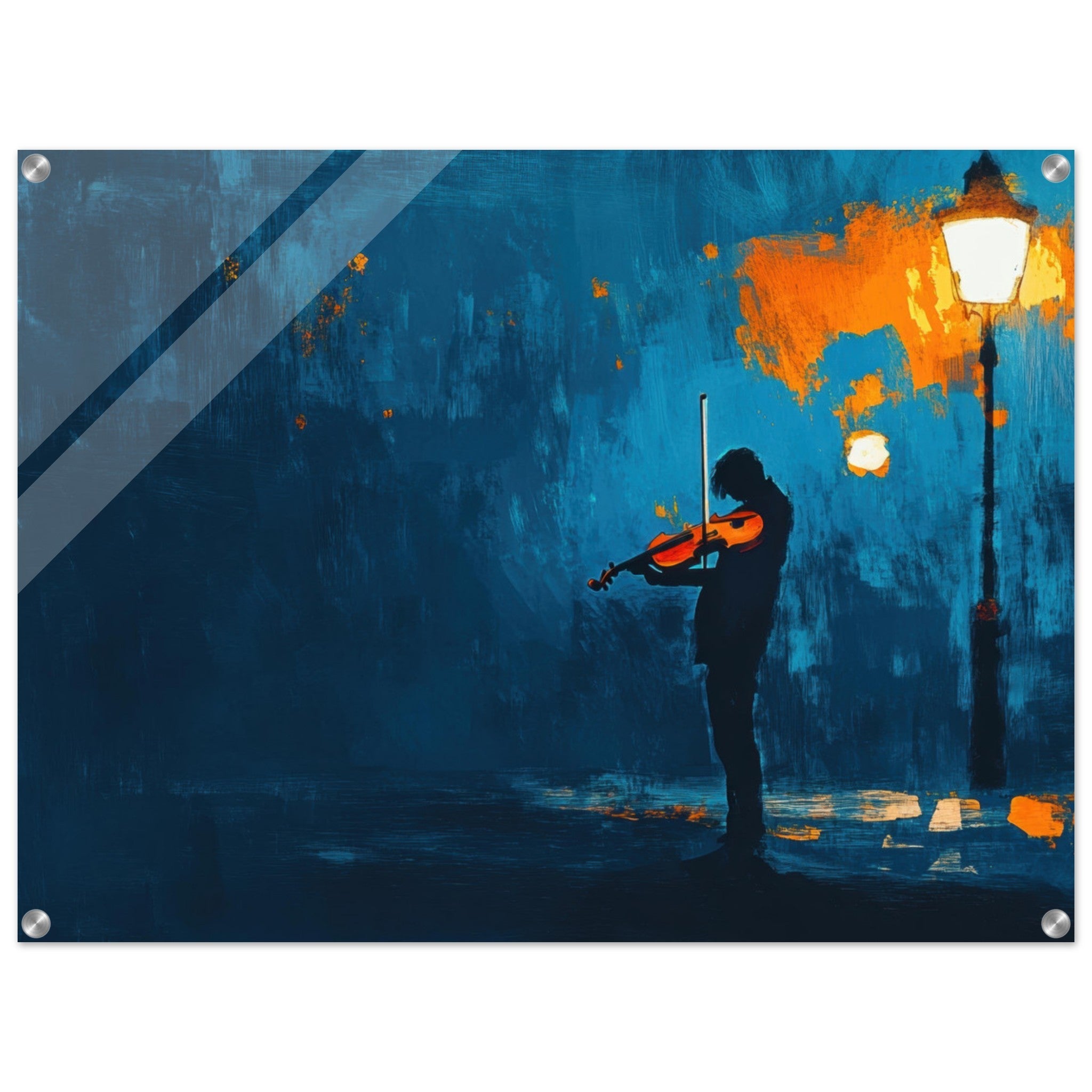 Acrylic Print Landscape - A lone violinist stands beneath a flickering sir 2 - Ai Art Force