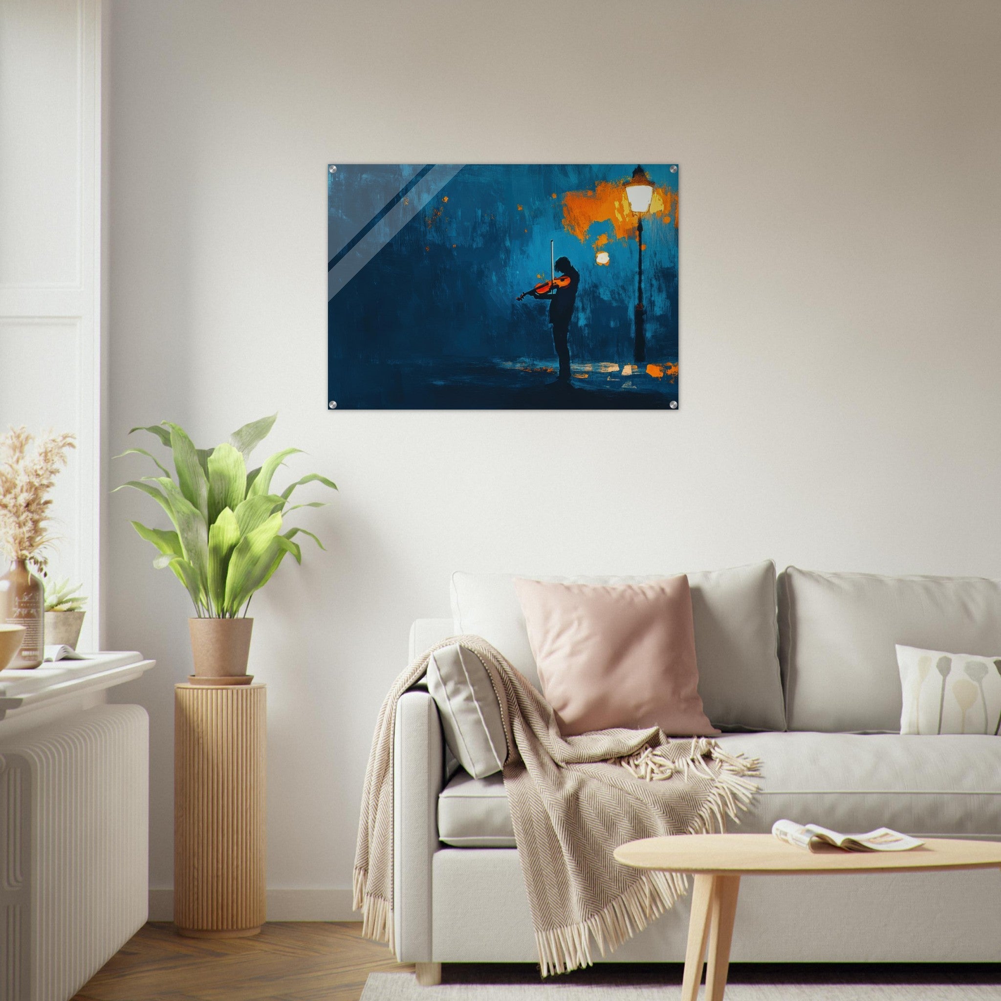 Acrylic Print Landscape - A lone violinist stands beneath a flickering sir 2 - Ai Art Force