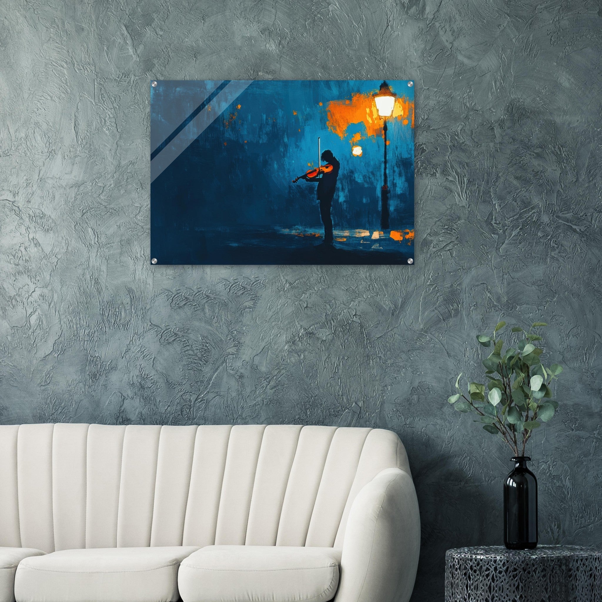 Acrylic Print Landscape - A lone violinist stands beneath a flickering sir 2 - Ai Art Force