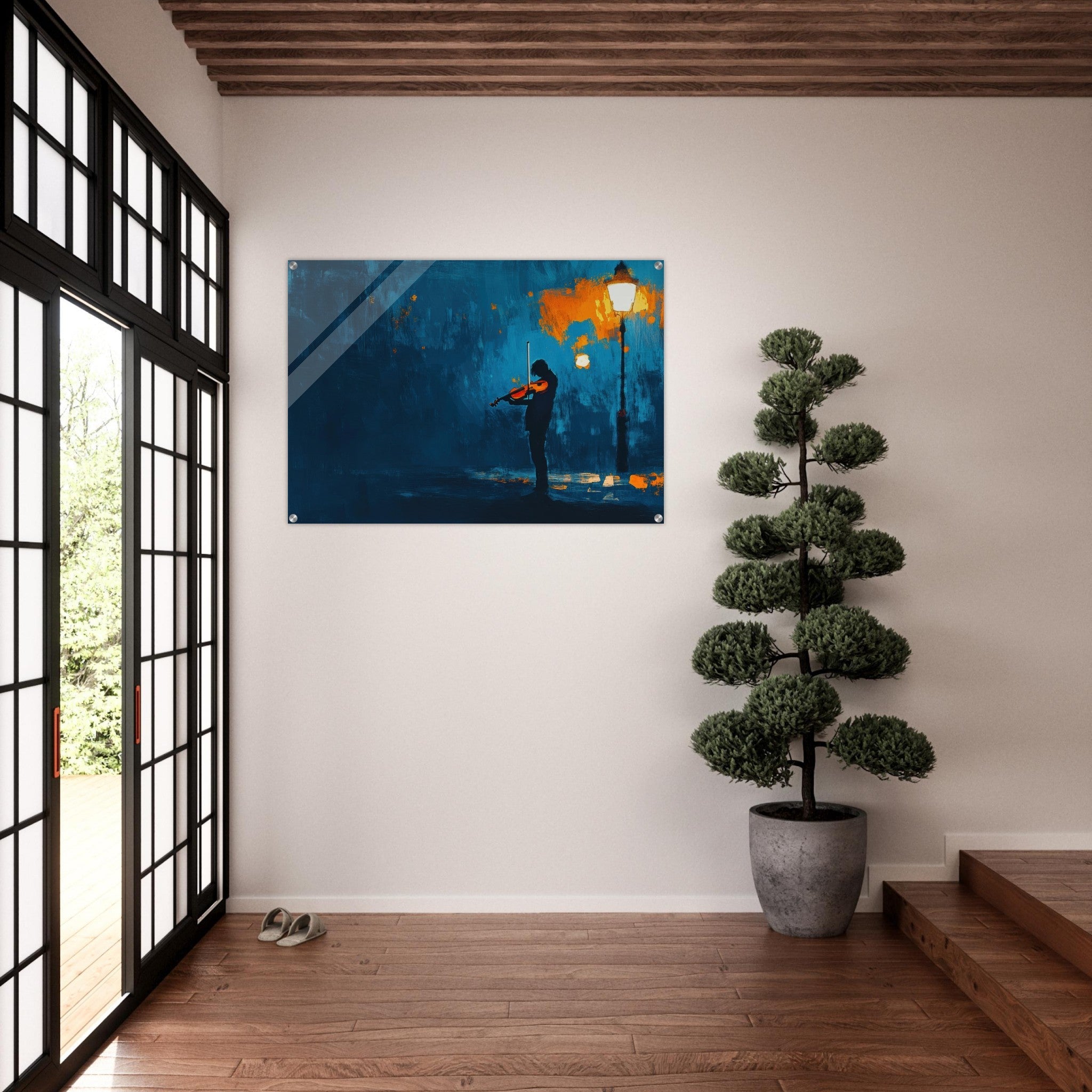 Acrylic Print Landscape - A lone violinist stands beneath a flickering sir 2 - Ai Art Force
