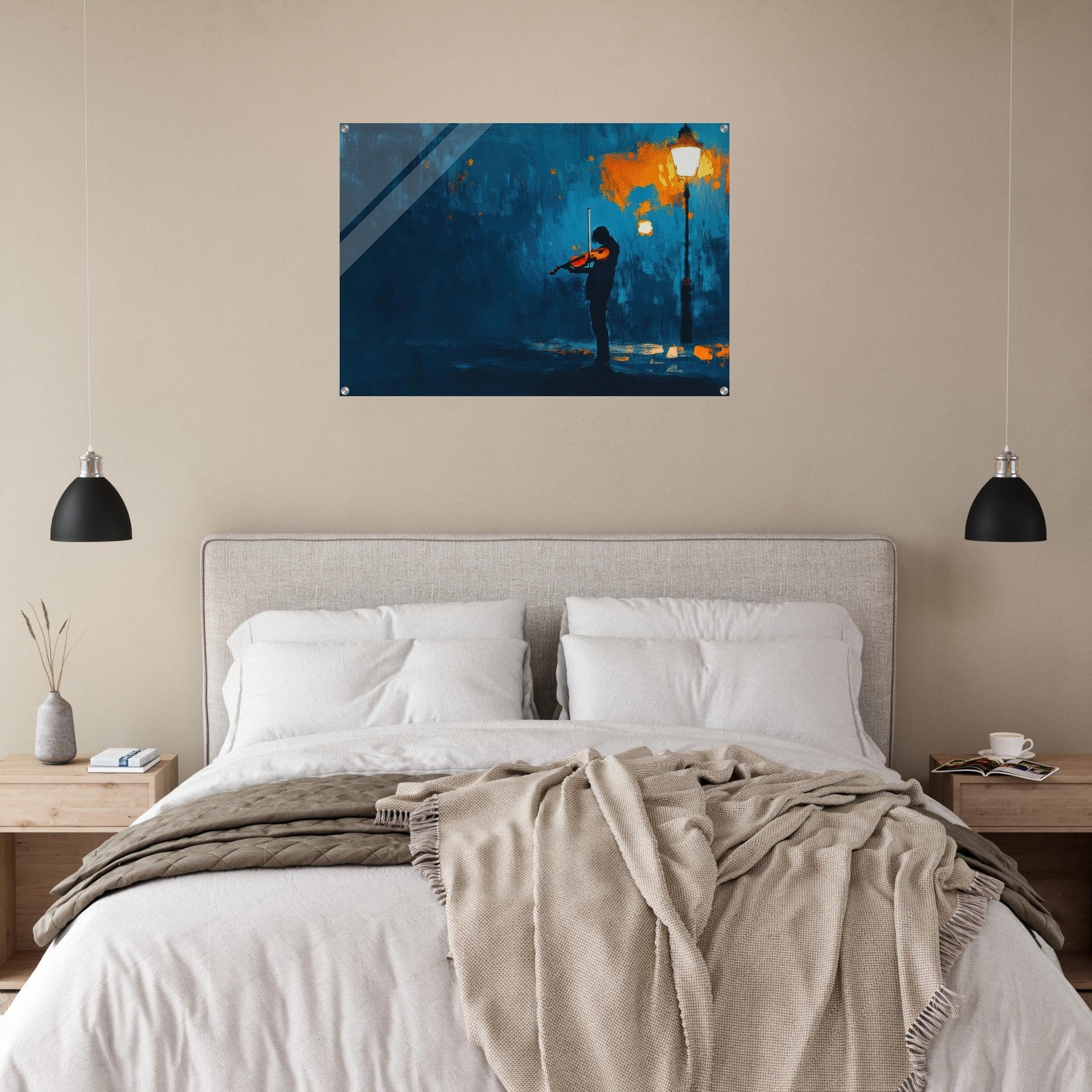 Acrylic Print Landscape - A lone violinist stands beneath a flickering sir 2 - Ai Art Force