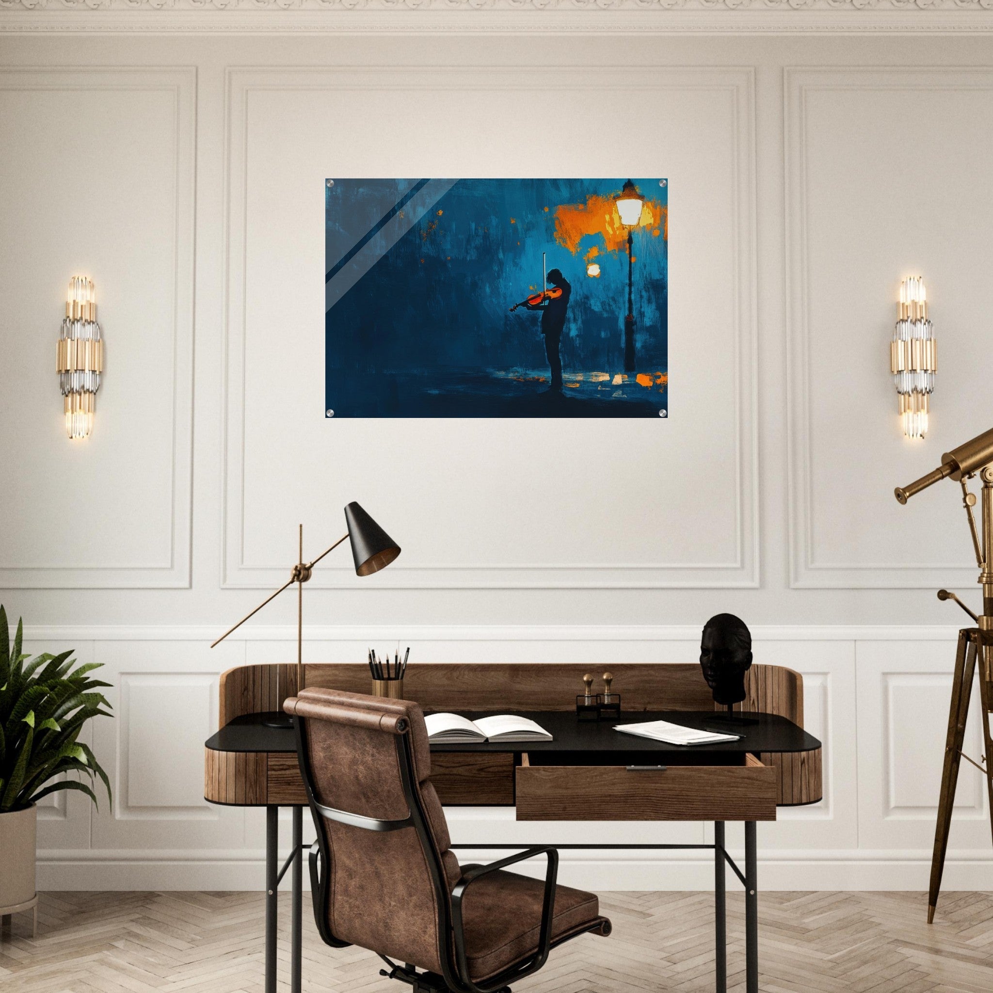 Acrylic Print Landscape - A lone violinist stands beneath a flickering sir 2 - Ai Art Force