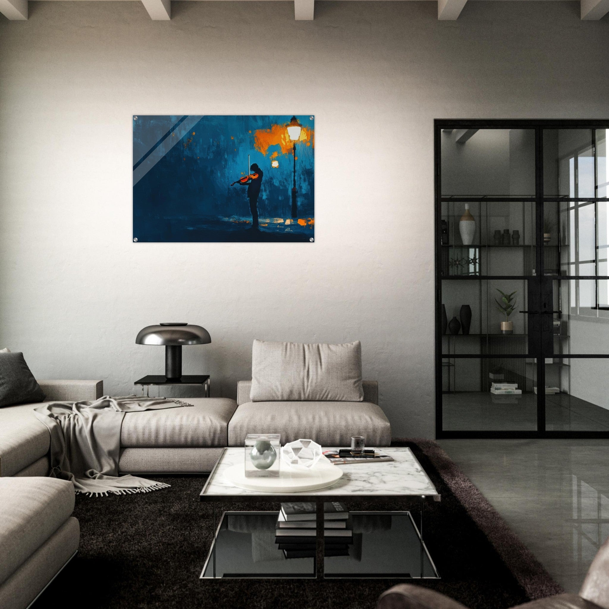Acrylic Print Landscape - A lone violinist stands beneath a flickering sir 2 - Ai Art Force