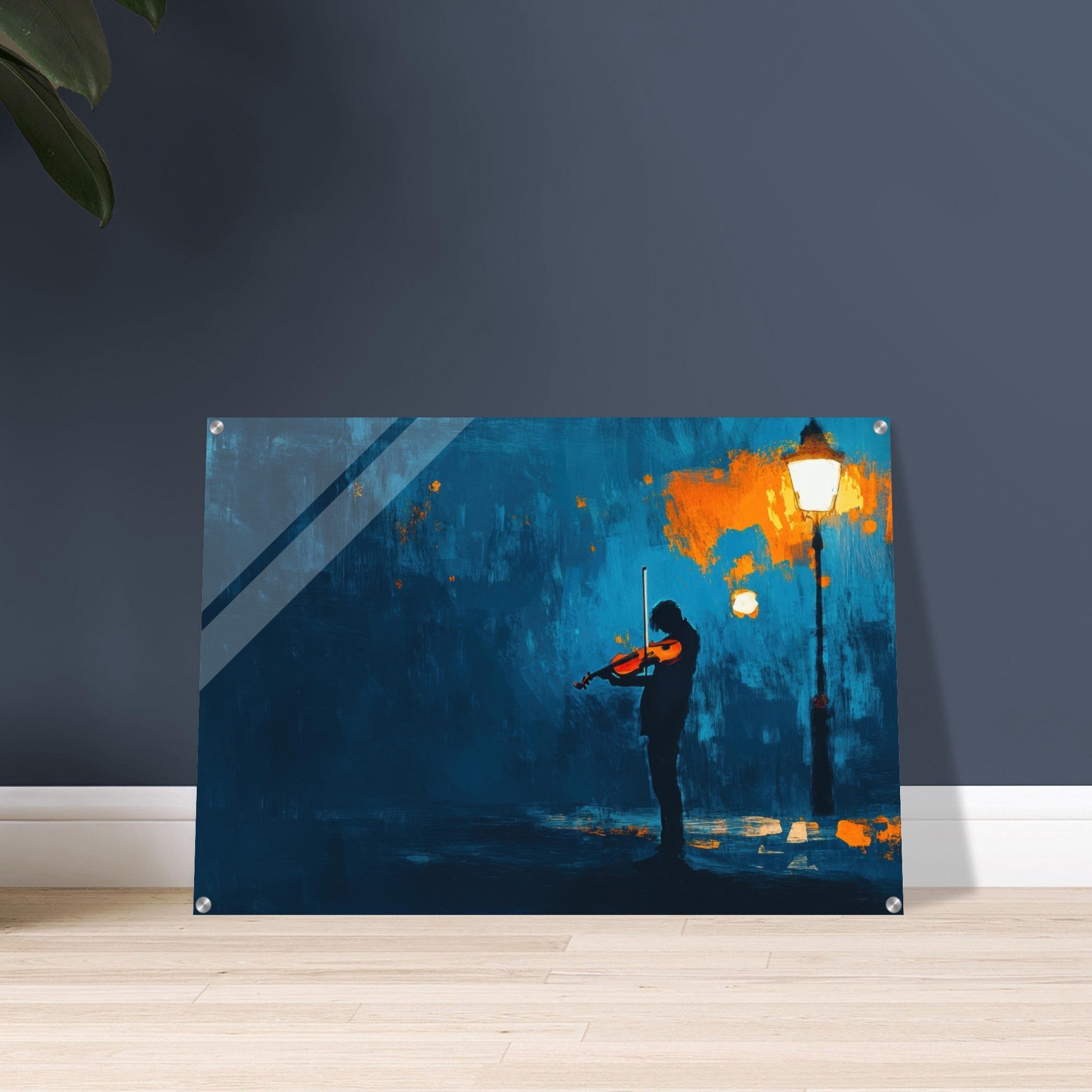 Acrylic Print Landscape - A lone violinist stands beneath a flickering sir 2 - Ai Art Force