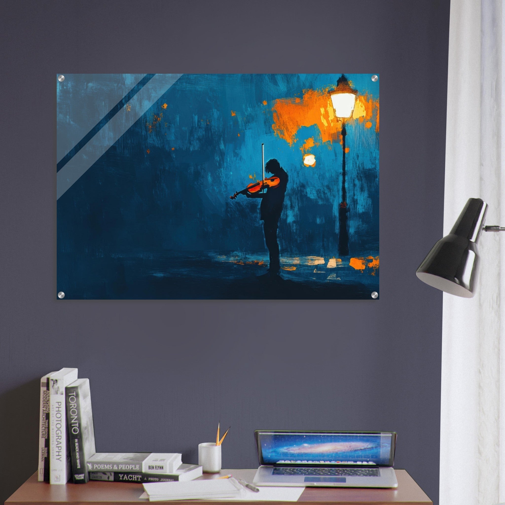 Acrylic Print Landscape - A lone violinist stands beneath a flickering sir 2 - Ai Art Force