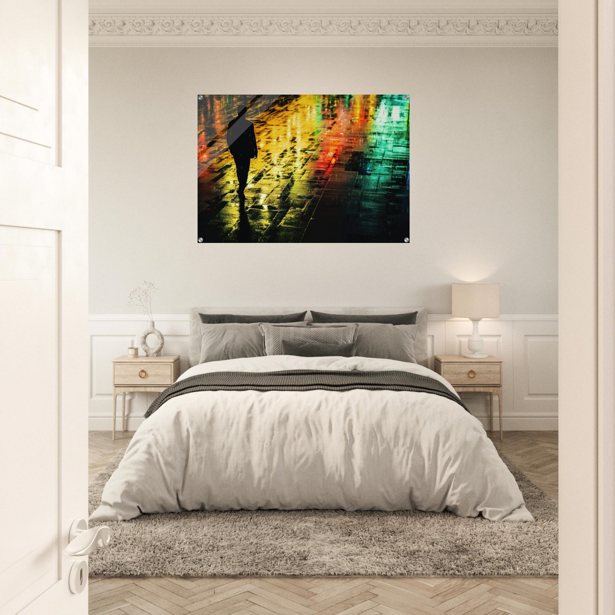 Acrylic Print Landscape - A man walks alone in the pouring rain his figure 2 - Shop Ai Art WebShop - Digital Art online Store
