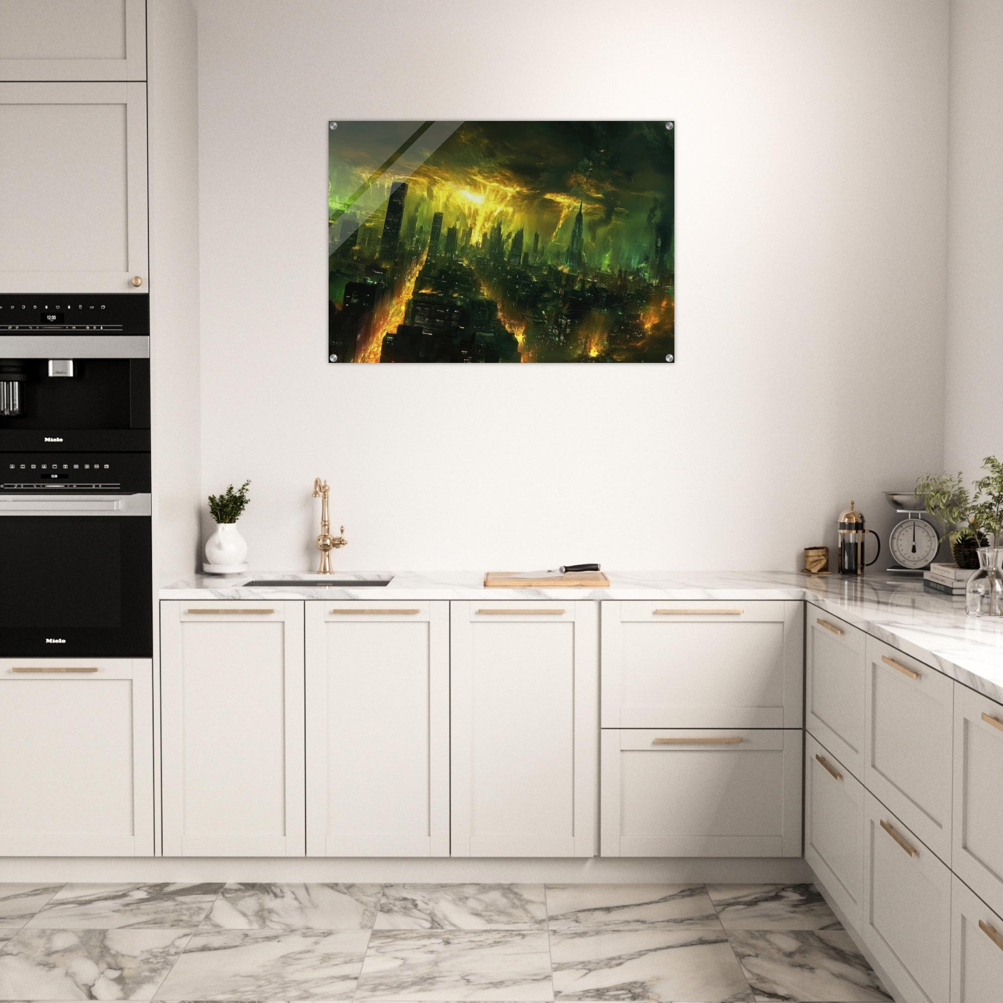 Acrylic Print Landscape - A sprawling city skyline but every building bend - Shop Ai Art WebShop - Digital Art online Store