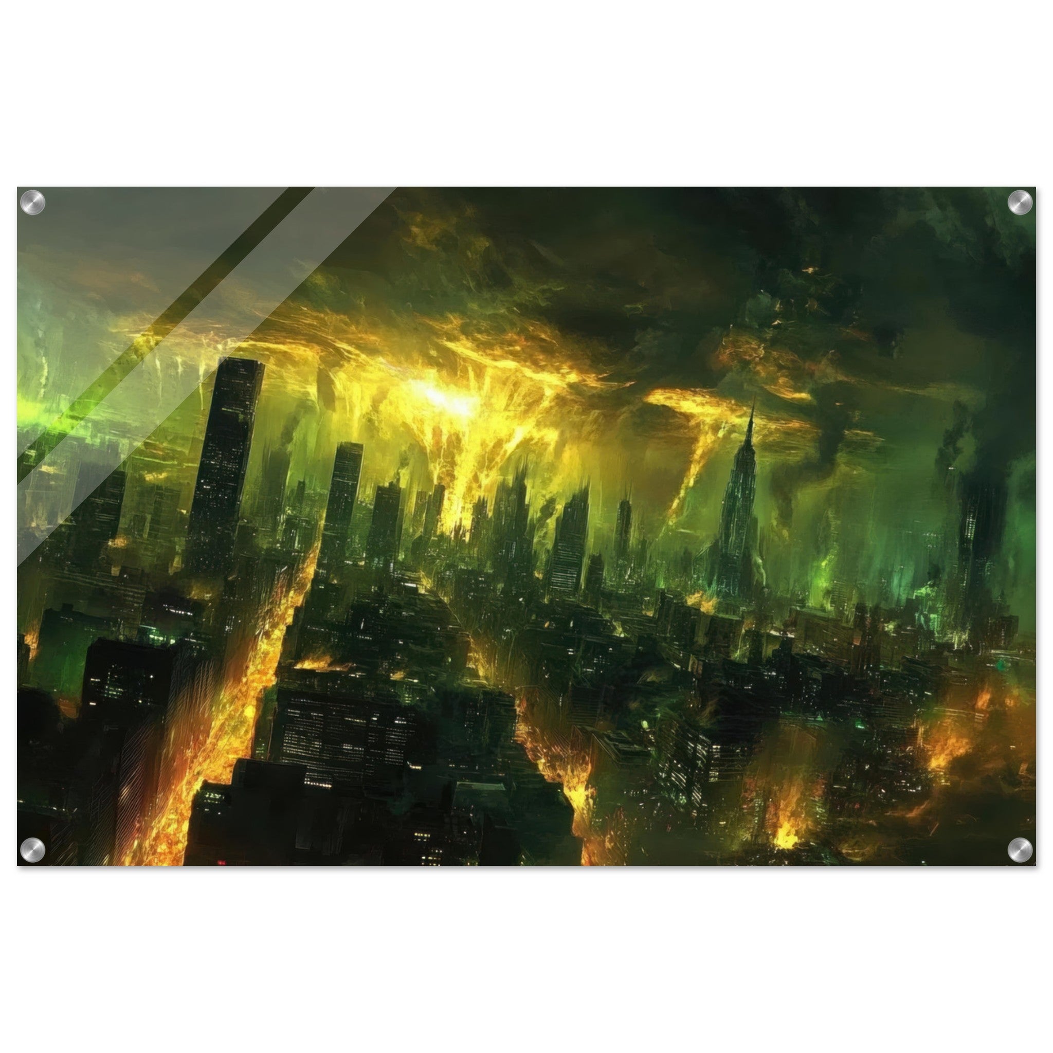 Acrylic Print Landscape - A sprawling city skyline but every building bend - Shop Ai Art WebShop - Digital Art online Store