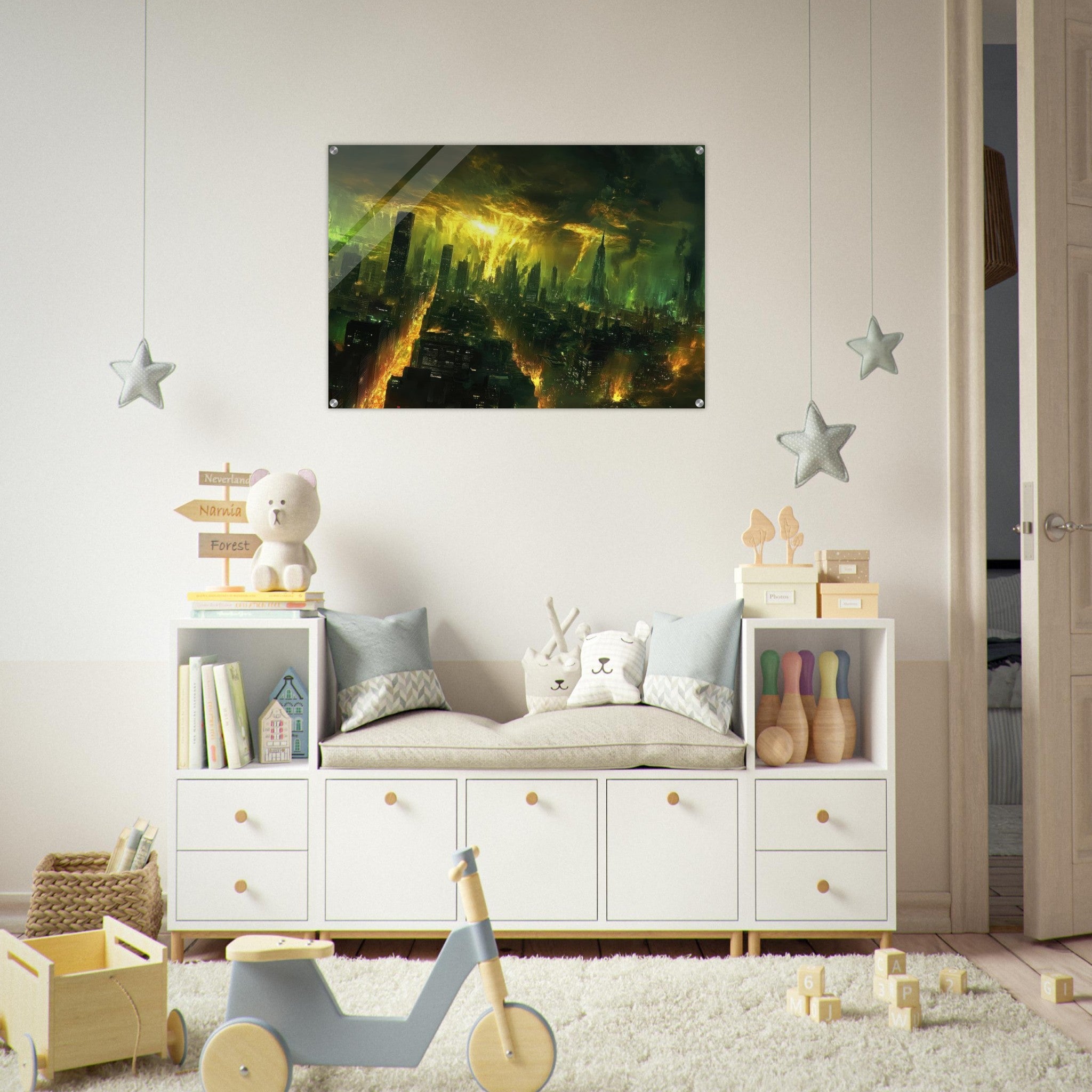 Acrylic Print Landscape - A sprawling city skyline but every building bend - Shop Ai Art WebShop - Digital Art online Store