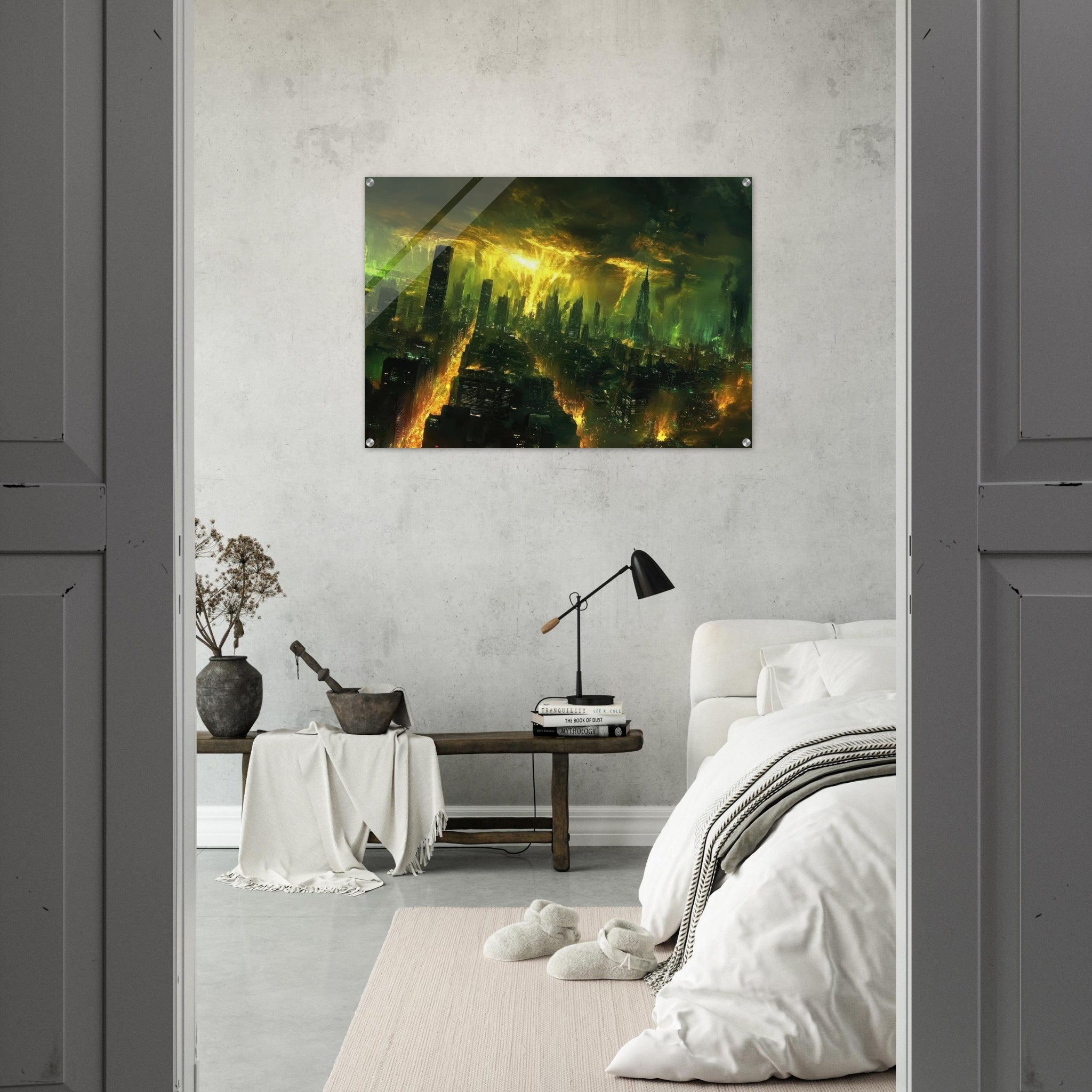 Acrylic Print Landscape - A sprawling city skyline but every building bend - Shop Ai Art WebShop - Digital Art online Store