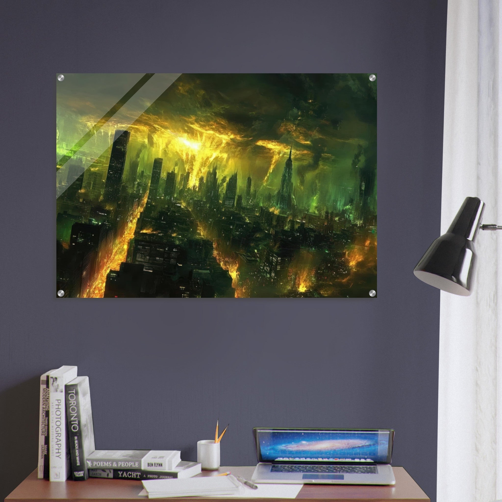 Acrylic Print Landscape - A sprawling city skyline but every building bend - Shop Ai Art WebShop - Digital Art online Store