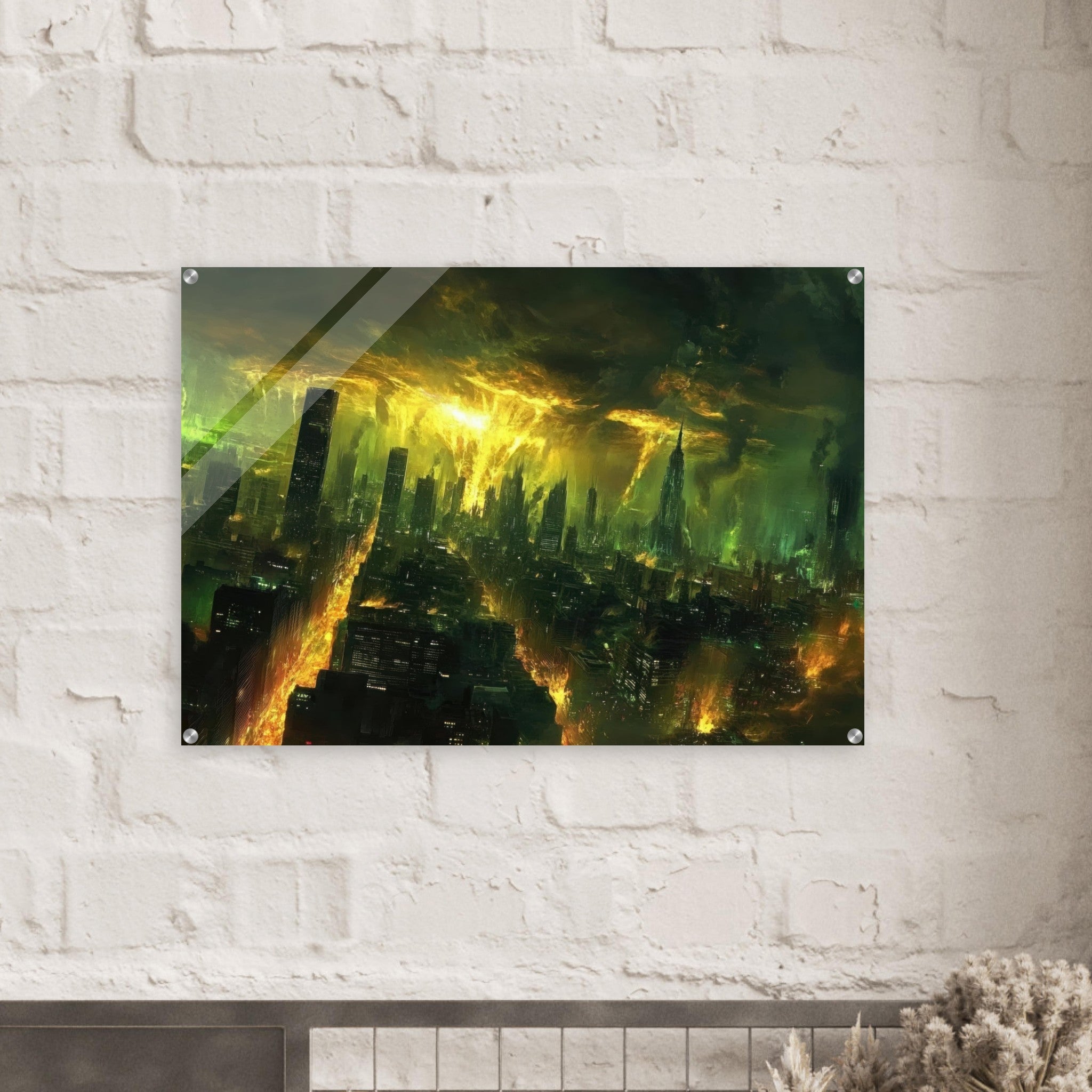 Acrylic Print Landscape - A sprawling city skyline but every building bend - Shop Ai Art WebShop - Digital Art online Store
