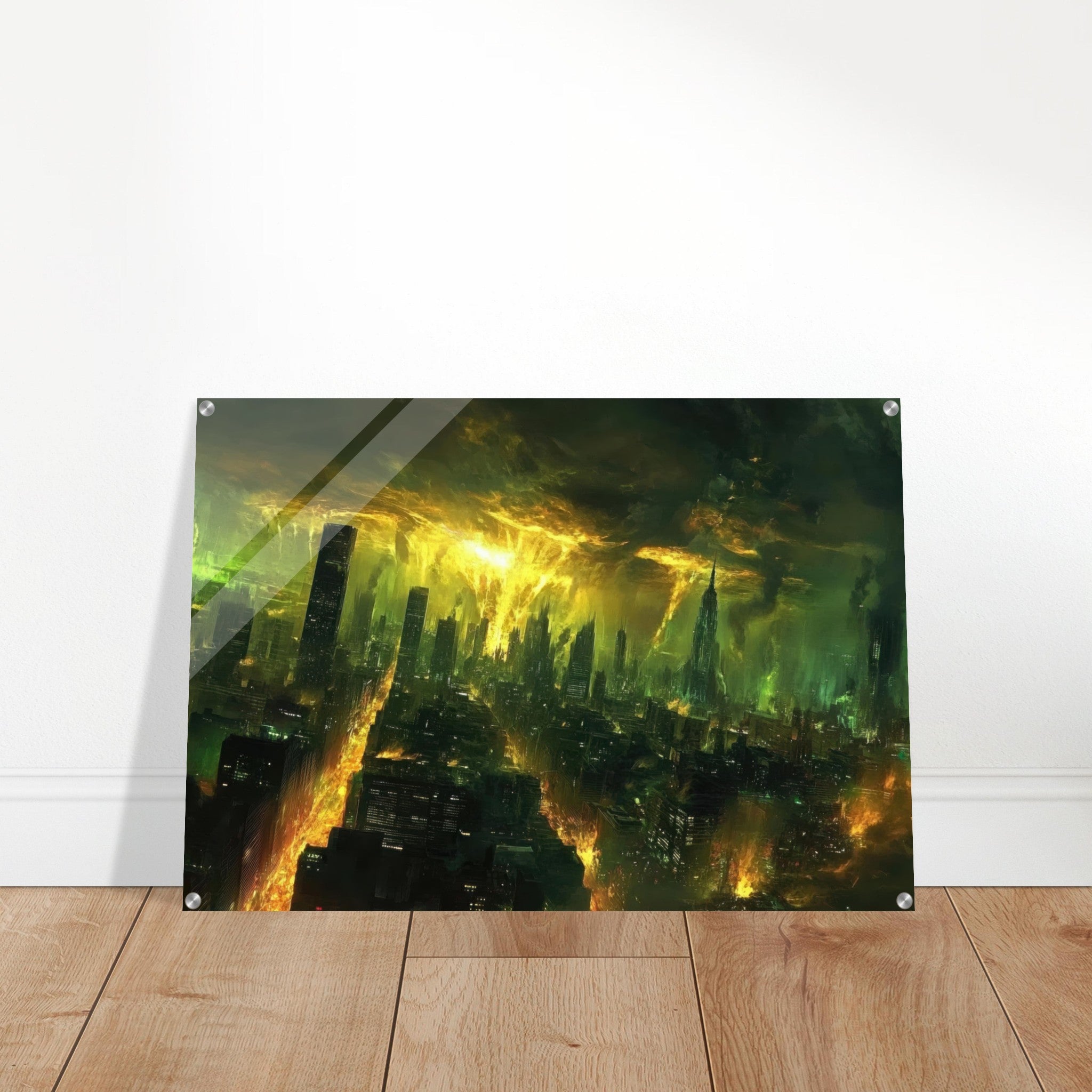 Acrylic Print Landscape - A sprawling city skyline but every building bend - Shop Ai Art WebShop - Digital Art online Store