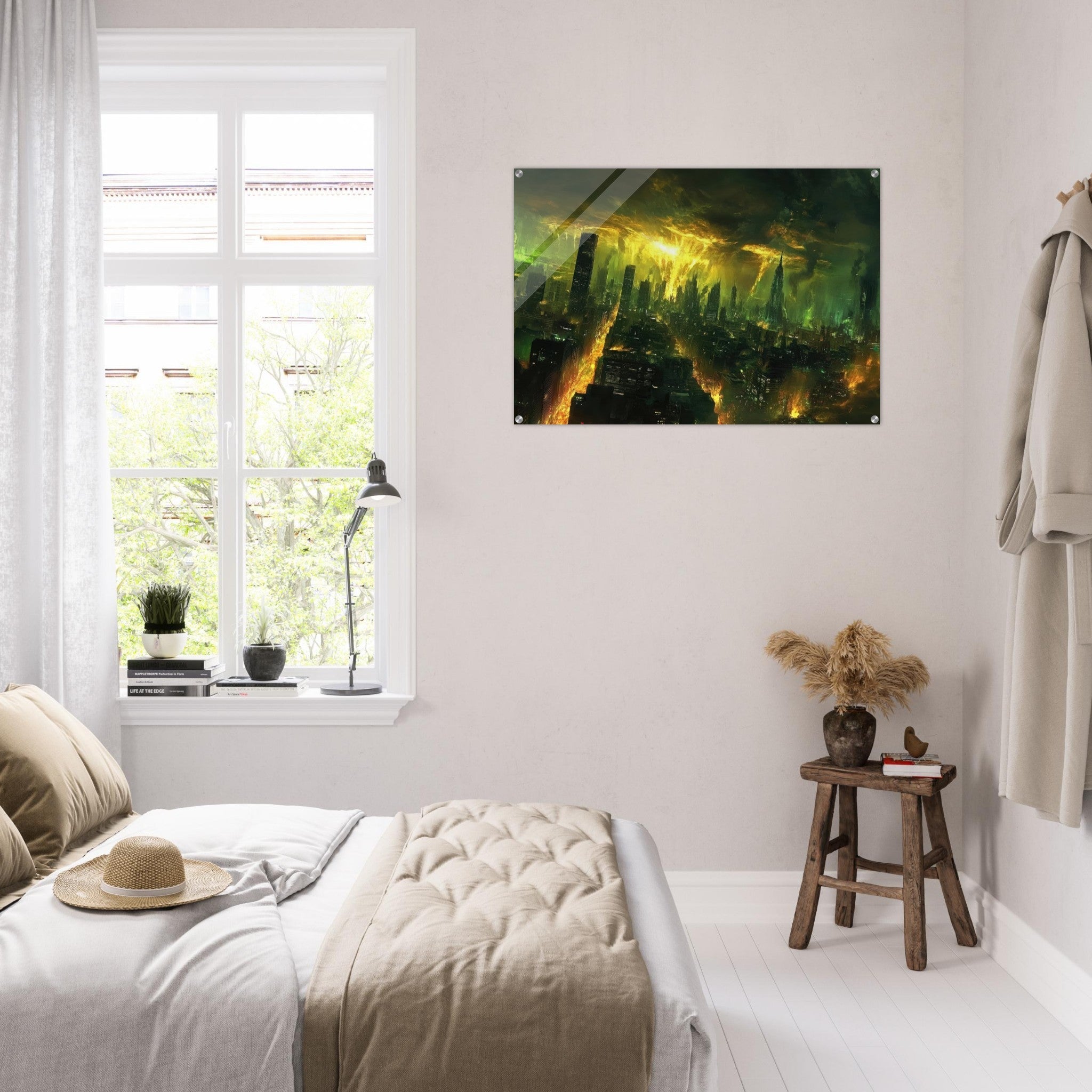 Acrylic Print Landscape - A sprawling city skyline but every building bend - Shop Ai Art WebShop - Digital Art online Store
