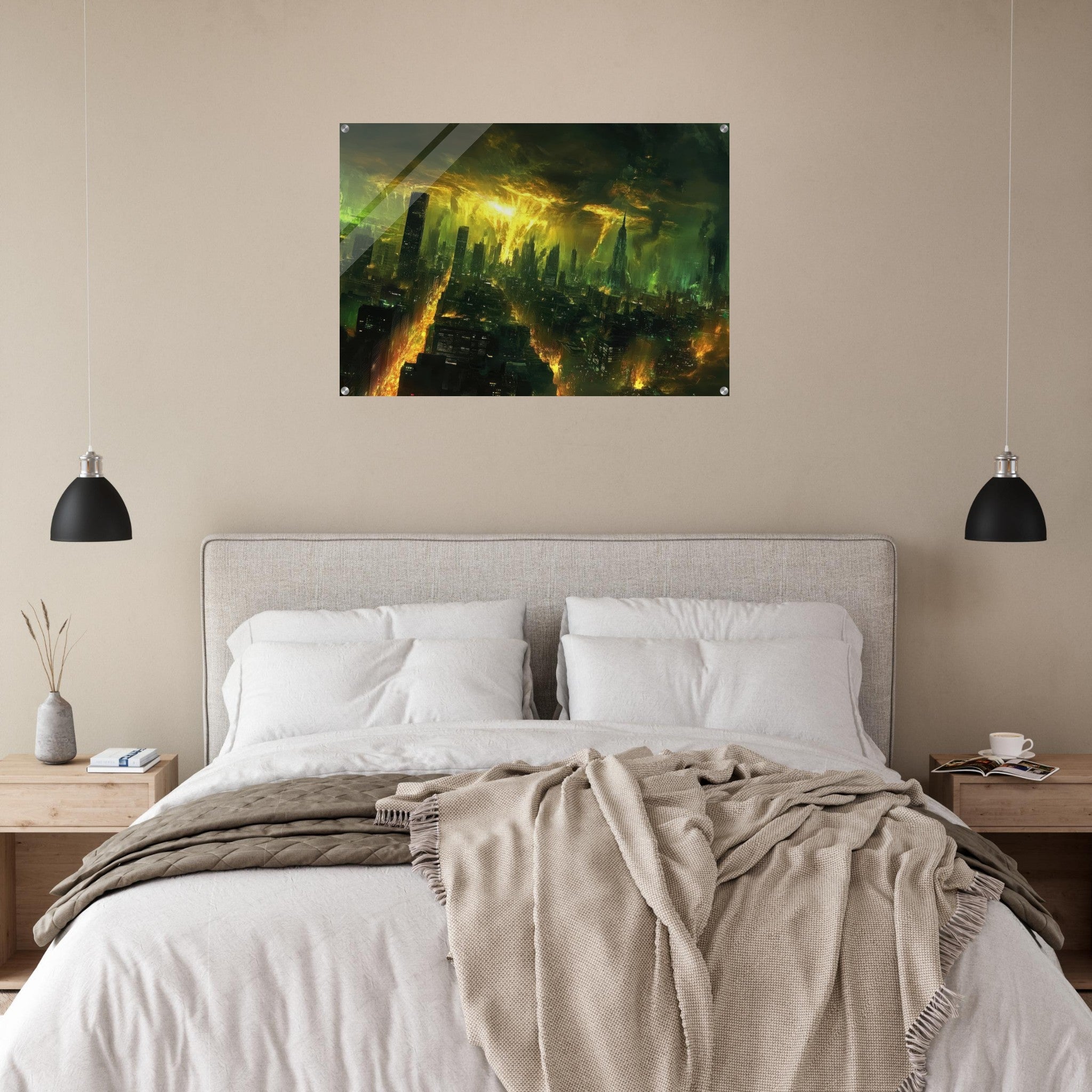 Acrylic Print Landscape - A sprawling city skyline but every building bend - Shop Ai Art WebShop - Digital Art online Store
