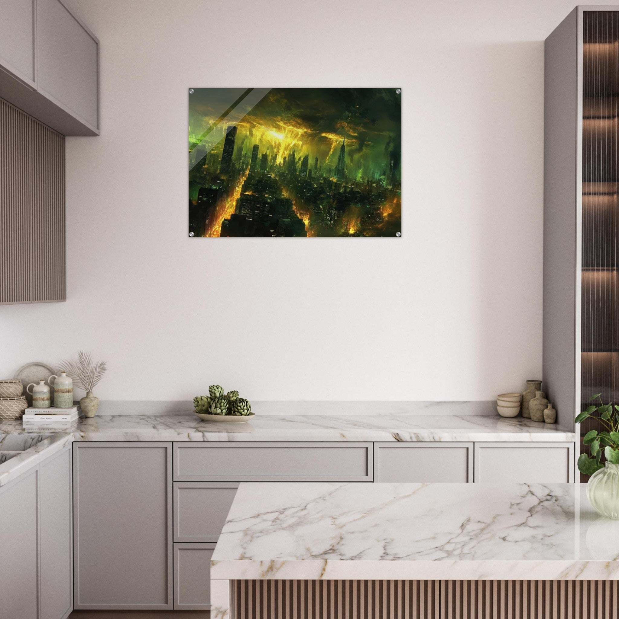 Acrylic Print Landscape - A sprawling city skyline but every building bend - Shop Ai Art WebShop - Digital Art online Store