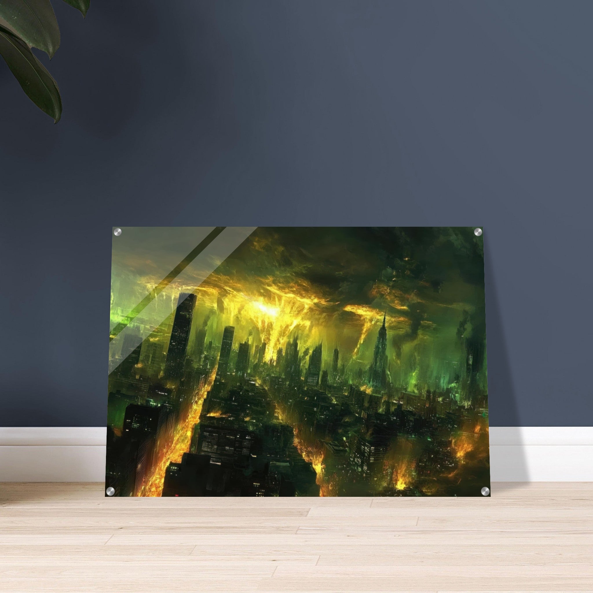 Acrylic Print Landscape - A sprawling city skyline but every building bend - Shop Ai Art WebShop - Digital Art online Store
