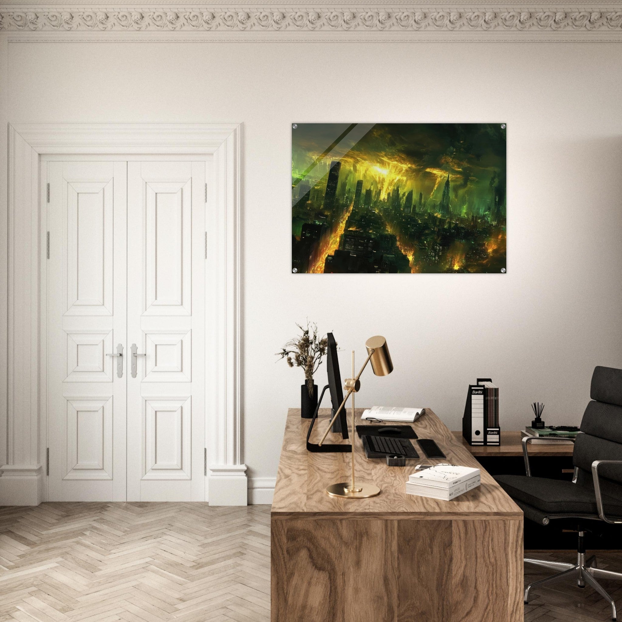 Acrylic Print Landscape - A sprawling city skyline but every building bend - Shop Ai Art WebShop - Digital Art online Store