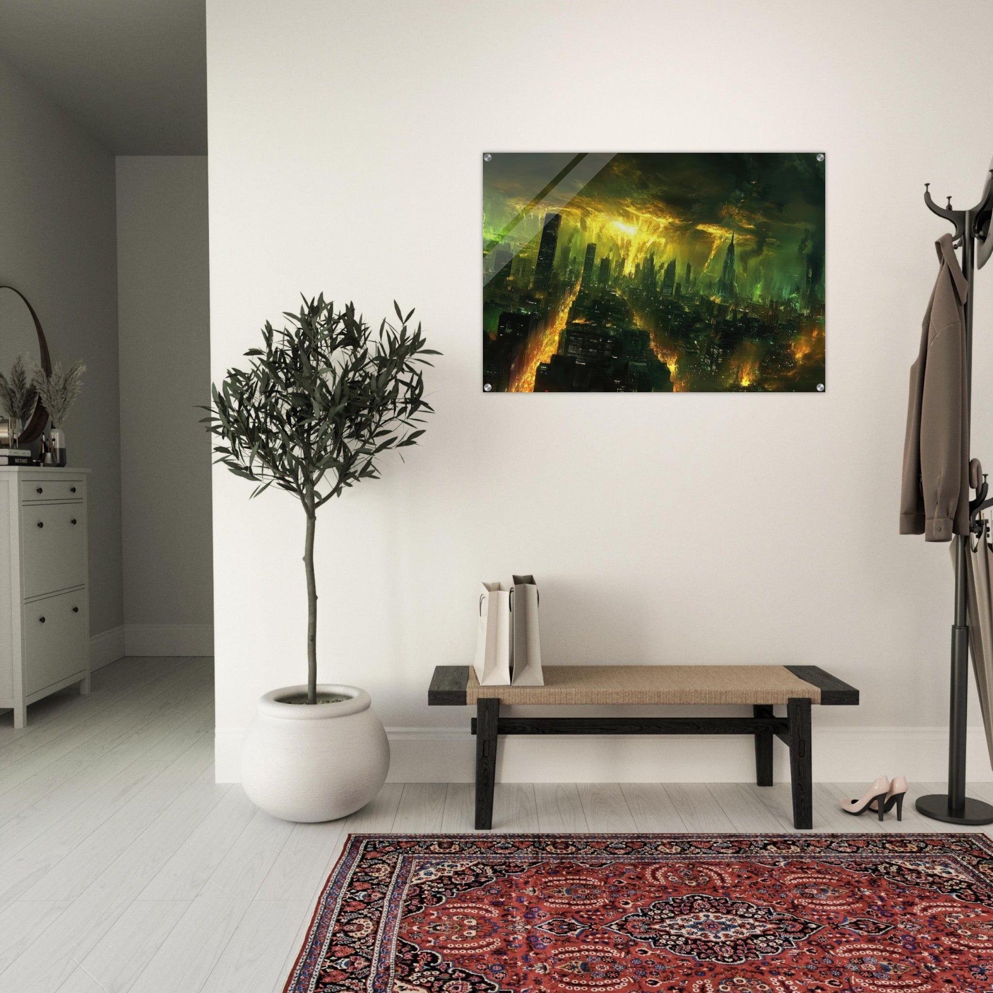 Acrylic Print Landscape - A sprawling city skyline but every building bend - Shop Ai Art WebShop - Digital Art online Store