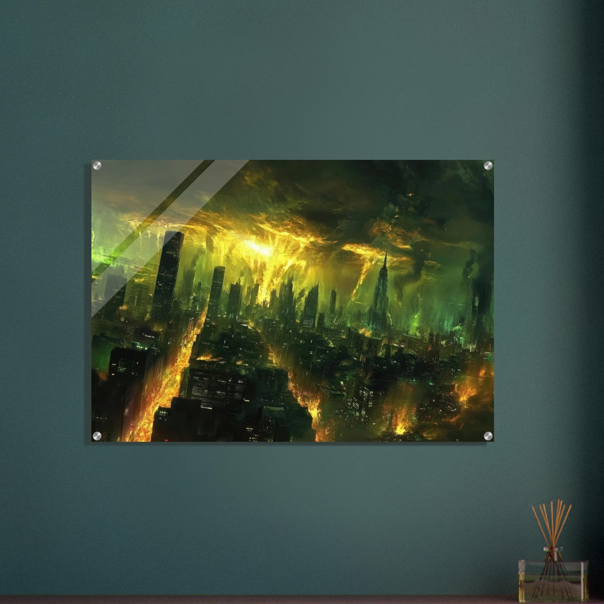 Acrylic Print Landscape - A sprawling city skyline but every building bend - Shop Ai Art WebShop - Digital Art online Store