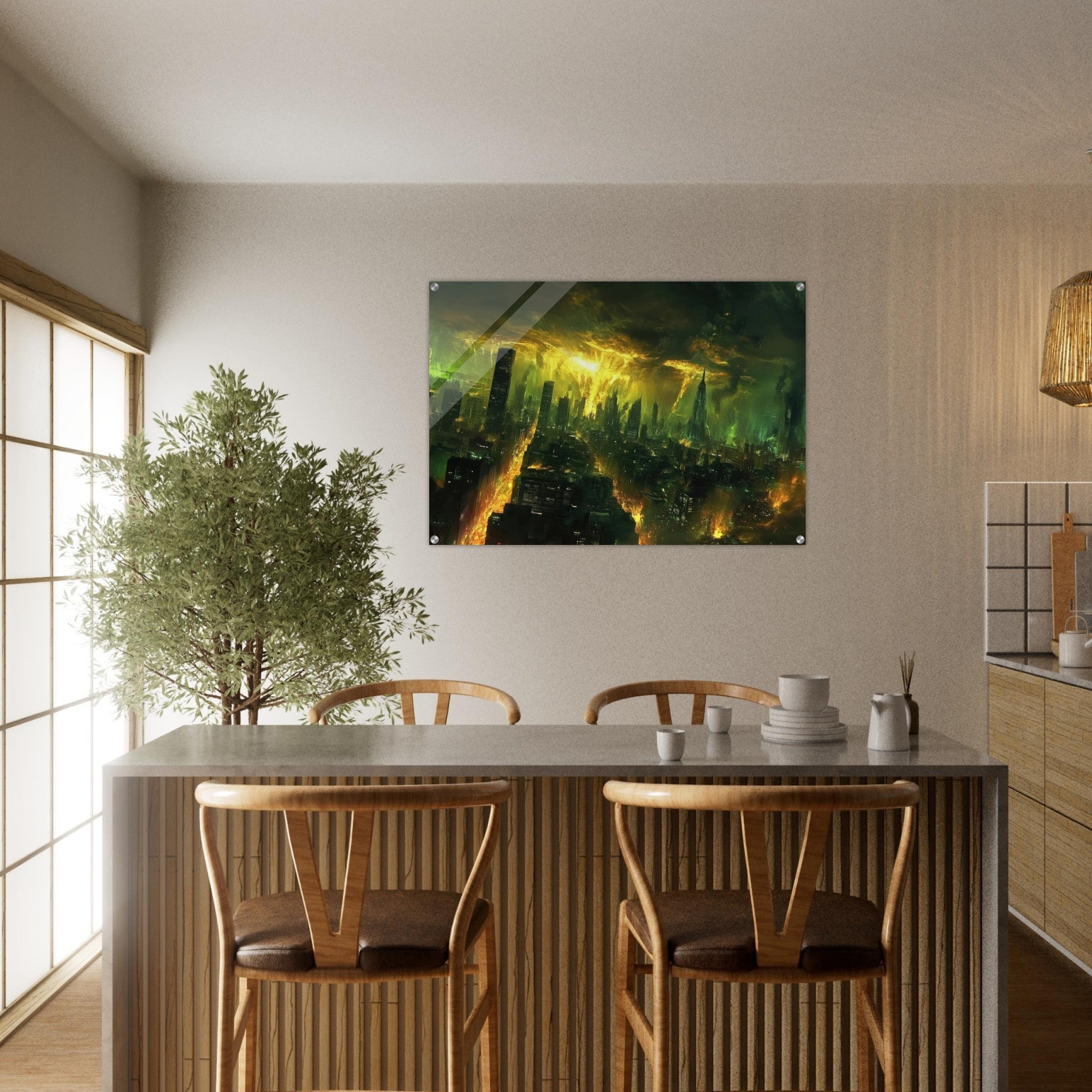 Acrylic Print Landscape - A sprawling city skyline but every building bend - Shop Ai Art WebShop - Digital Art online Store