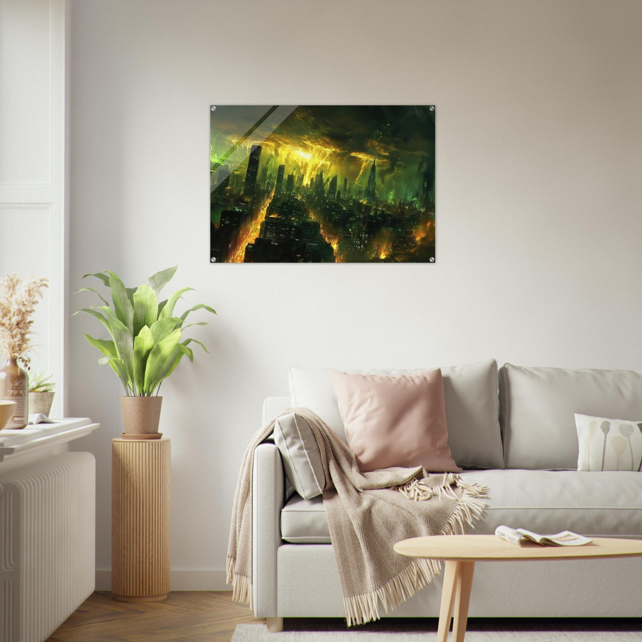 Acrylic Print Landscape - A sprawling city skyline but every building bend - Shop Ai Art WebShop - Digital Art online Store