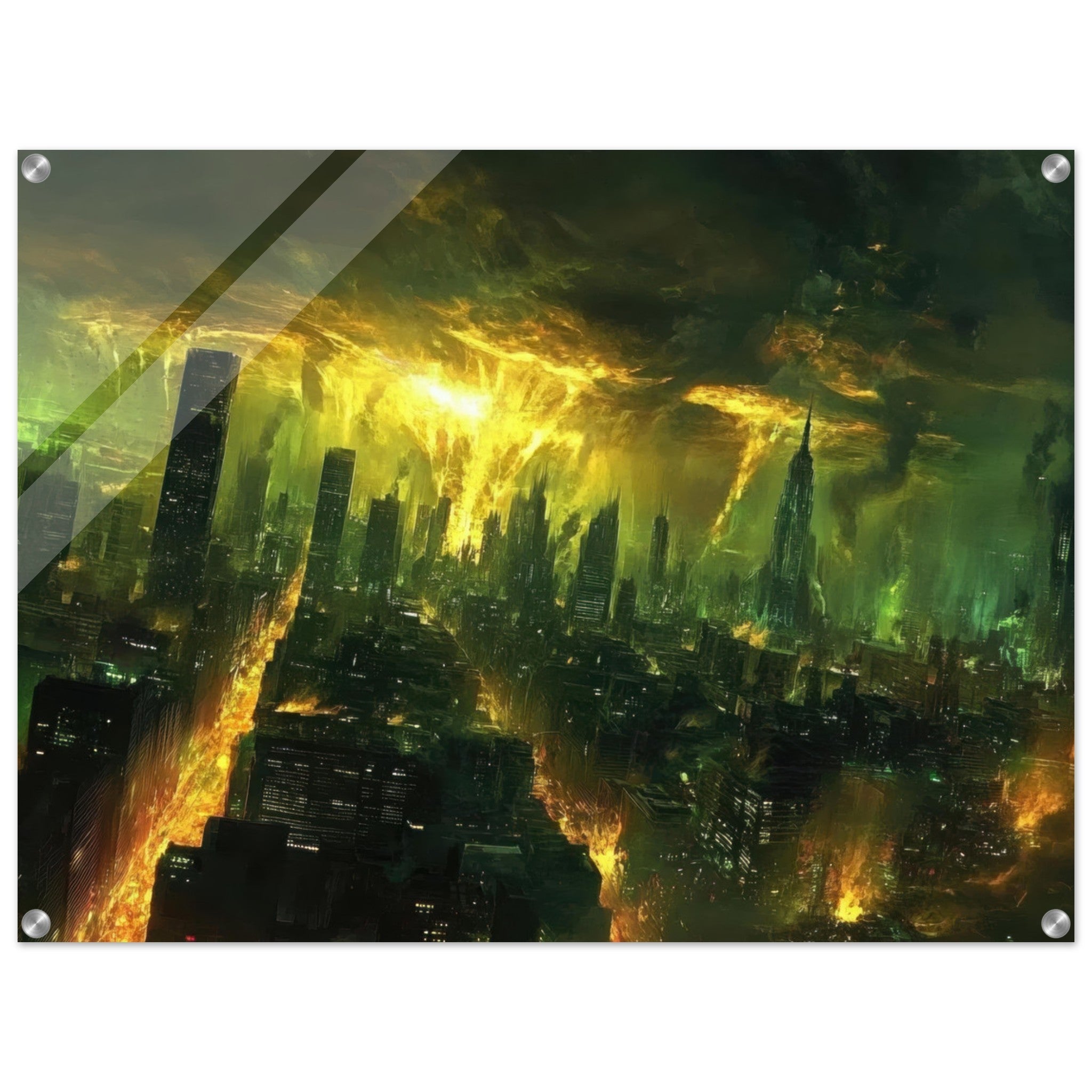 Acrylic Print Landscape - A sprawling city skyline but every building bend - Shop Ai Art WebShop - Digital Art online Store