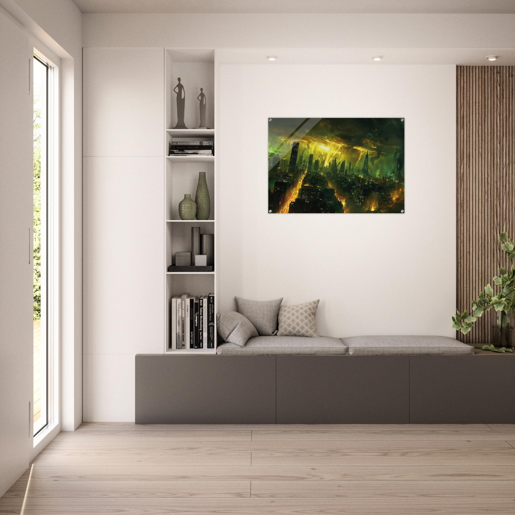 Acrylic Print Landscape - A sprawling city skyline but every building bend - Shop Ai Art WebShop - Digital Art online Store