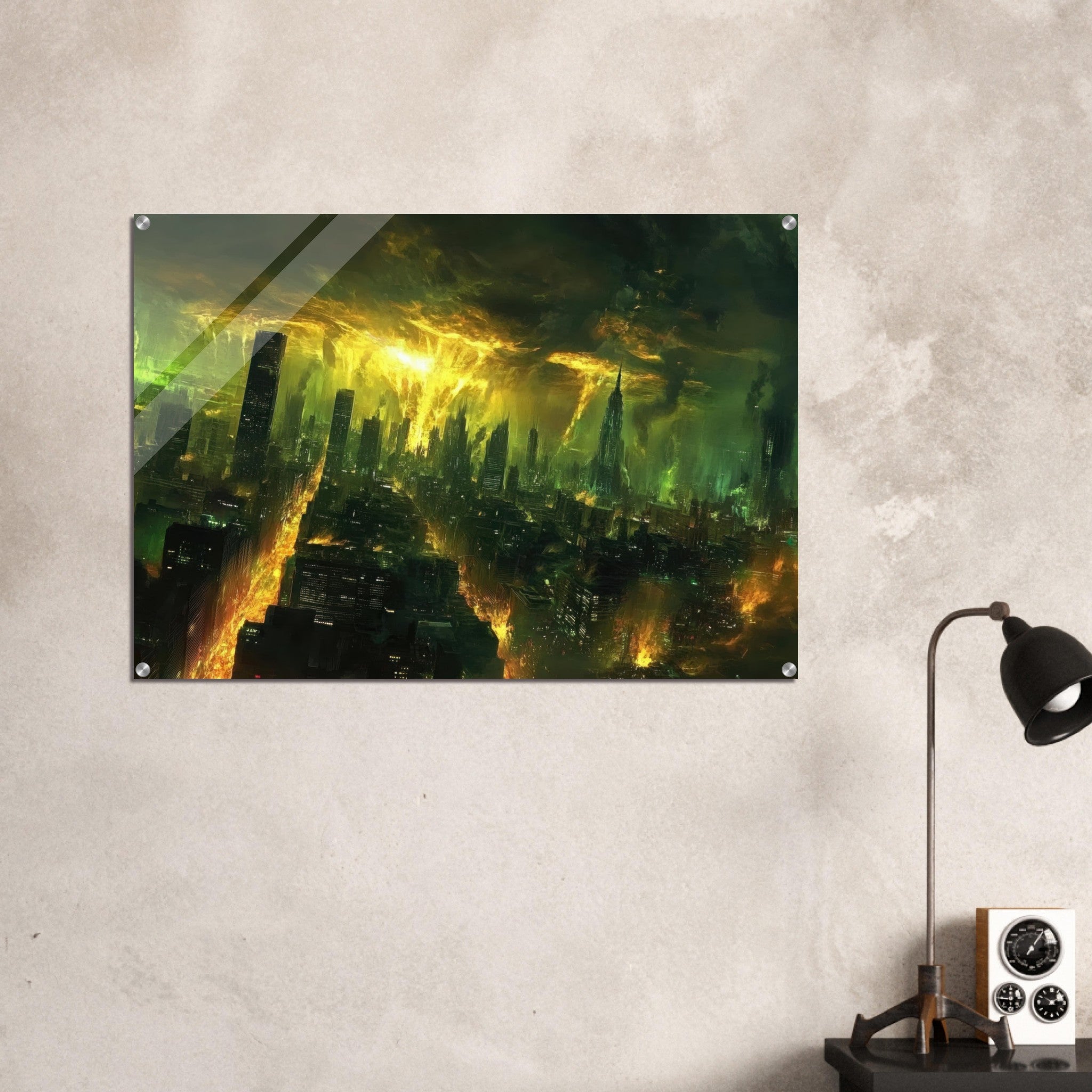 Acrylic Print Landscape - A sprawling city skyline but every building bend - Shop Ai Art WebShop - Digital Art online Store