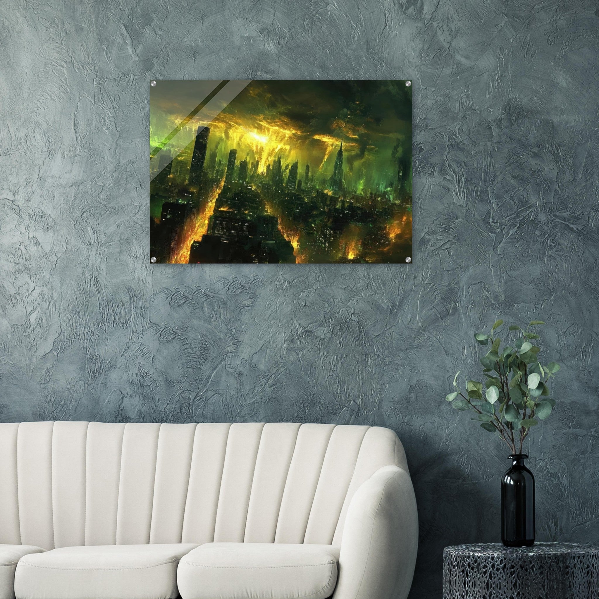 Acrylic Print Landscape - A sprawling city skyline but every building bend - Shop Ai Art WebShop - Digital Art online Store