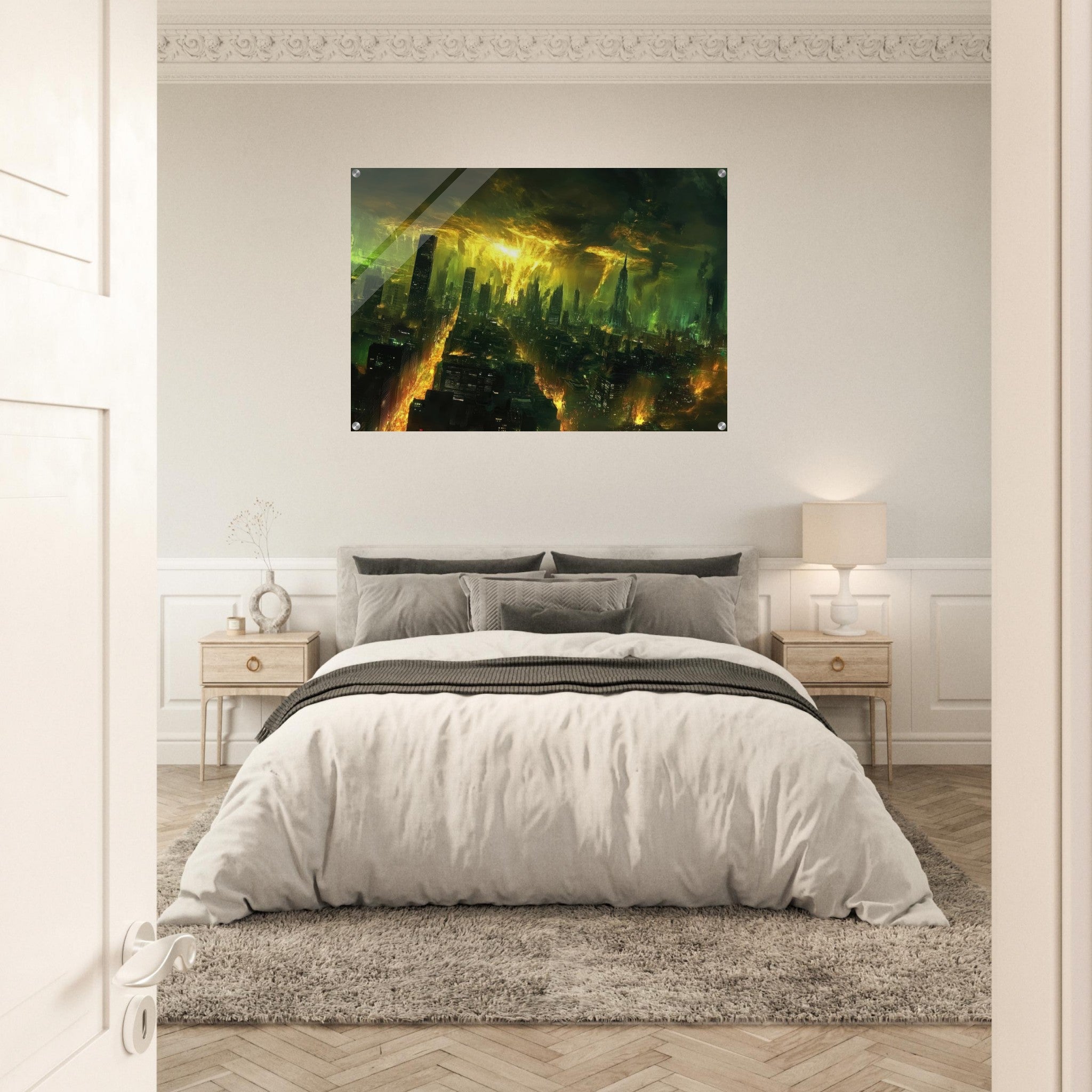 Acrylic Print Landscape - A sprawling city skyline but every building bend - Shop Ai Art WebShop - Digital Art online Store