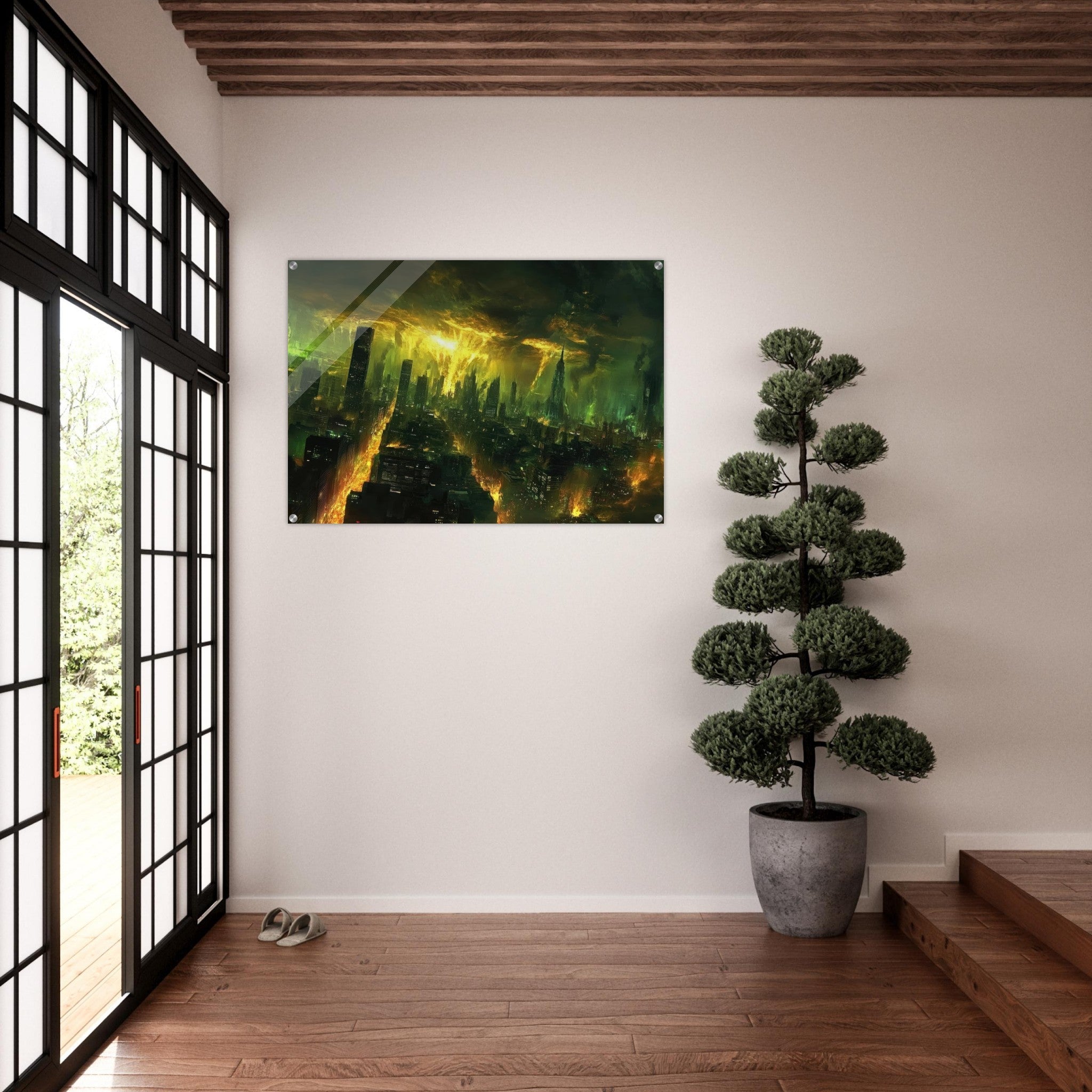 Acrylic Print Landscape - A sprawling city skyline but every building bend - Shop Ai Art WebShop - Digital Art online Store