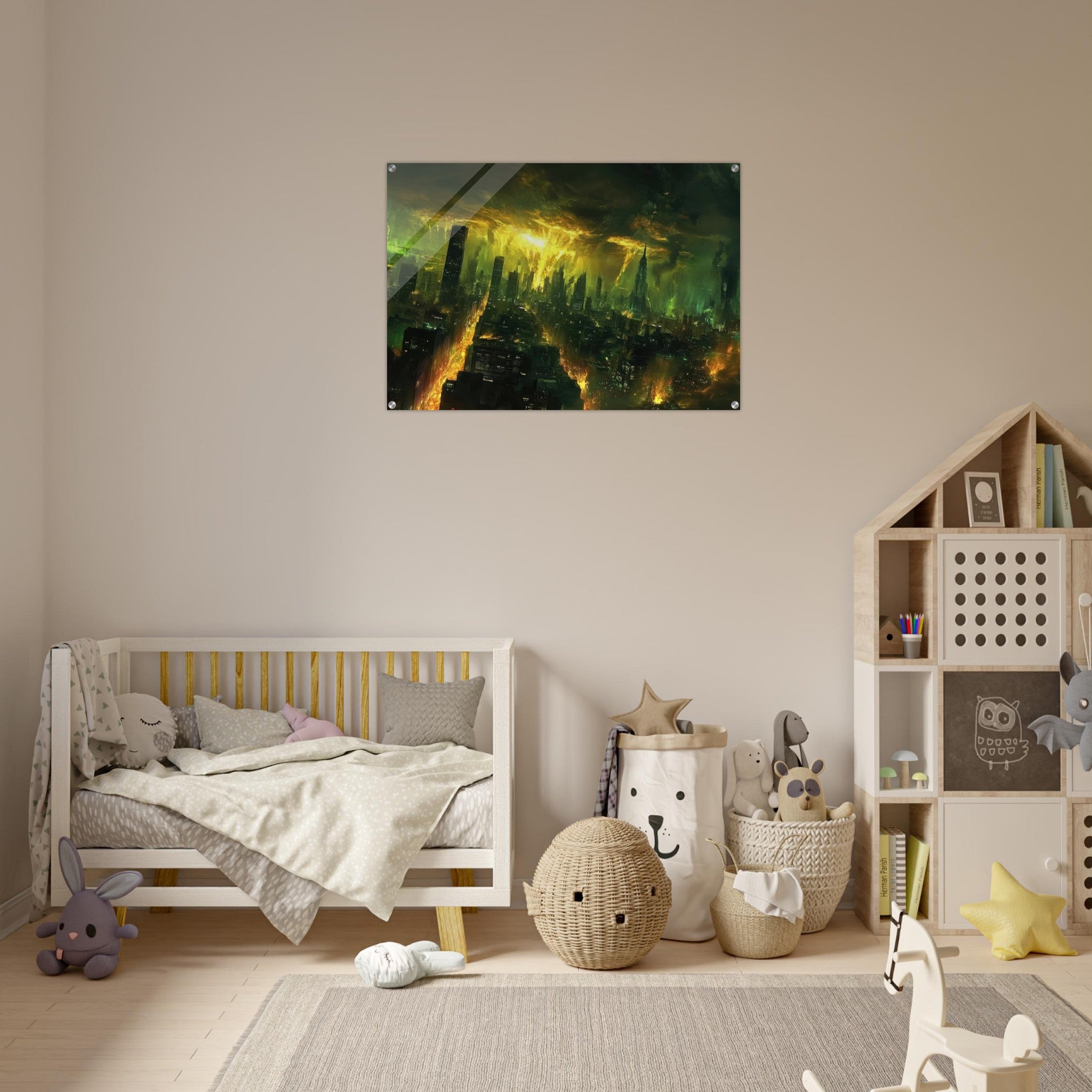 Acrylic Print Landscape - A sprawling city skyline but every building bend - Shop Ai Art WebShop - Digital Art online Store