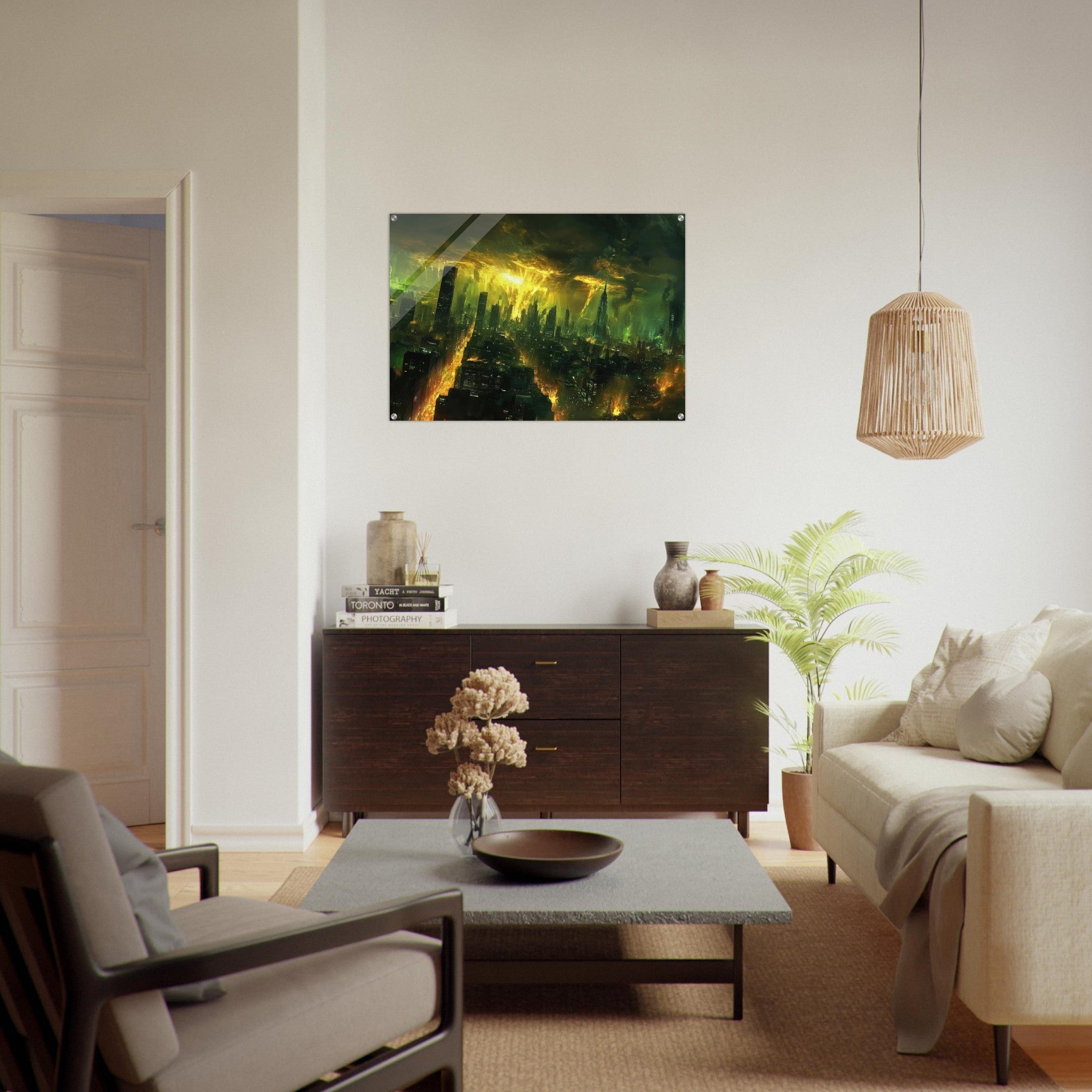 Acrylic Print Landscape - A sprawling city skyline but every building bend - Shop Ai Art WebShop - Digital Art online Store