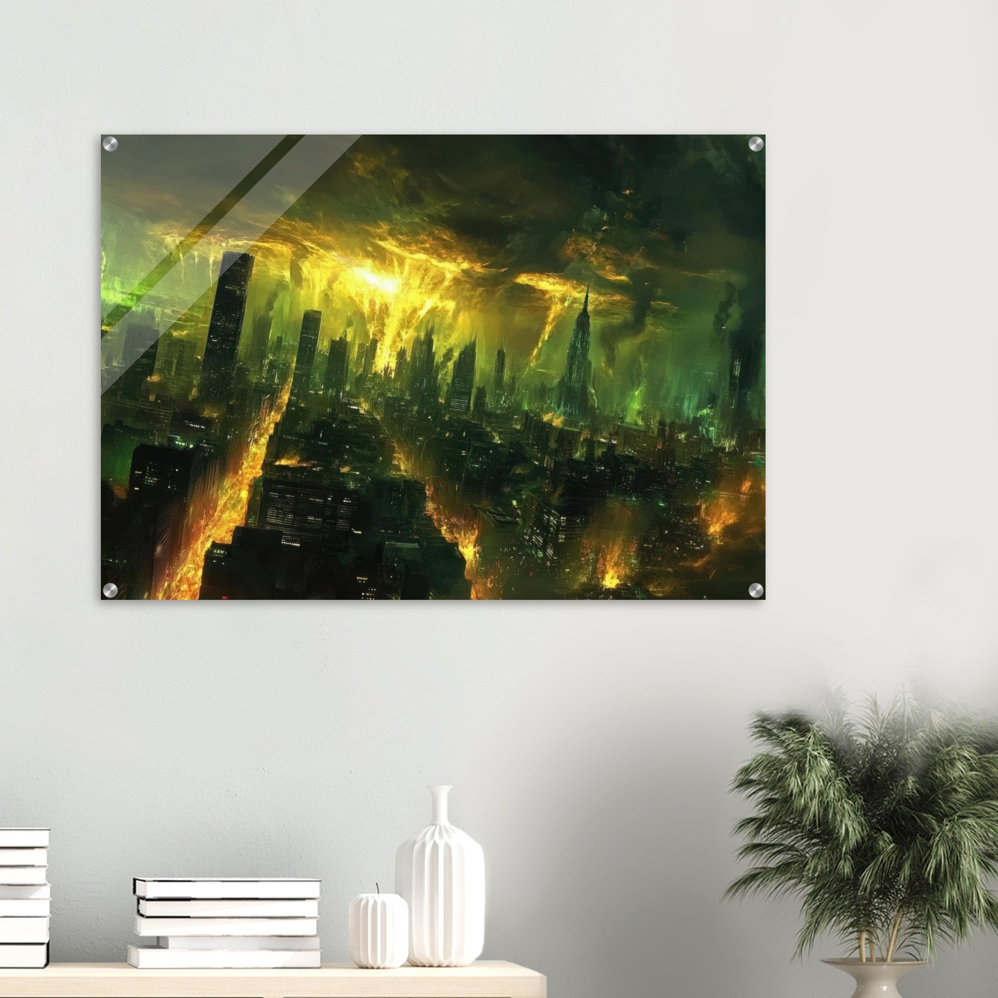 Acrylic Print Landscape - A sprawling city skyline but every building bend - Shop Ai Art WebShop - Digital Art online Store