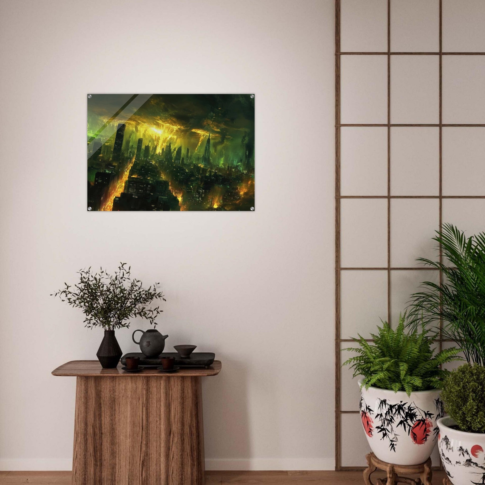 Acrylic Print Landscape - A sprawling city skyline but every building bend - Shop Ai Art WebShop - Digital Art online Store