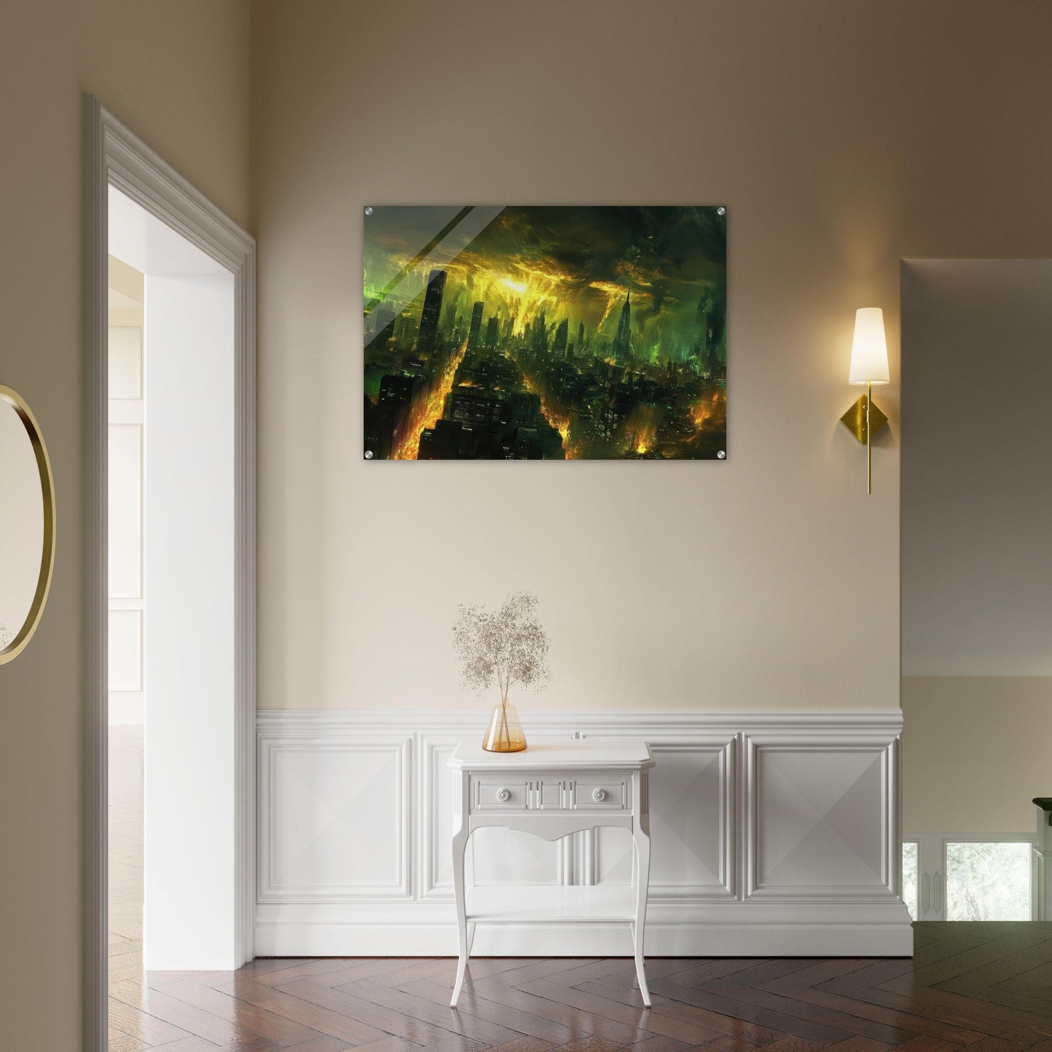 Acrylic Print Landscape - A sprawling city skyline but every building bend - Shop Ai Art WebShop - Digital Art online Store