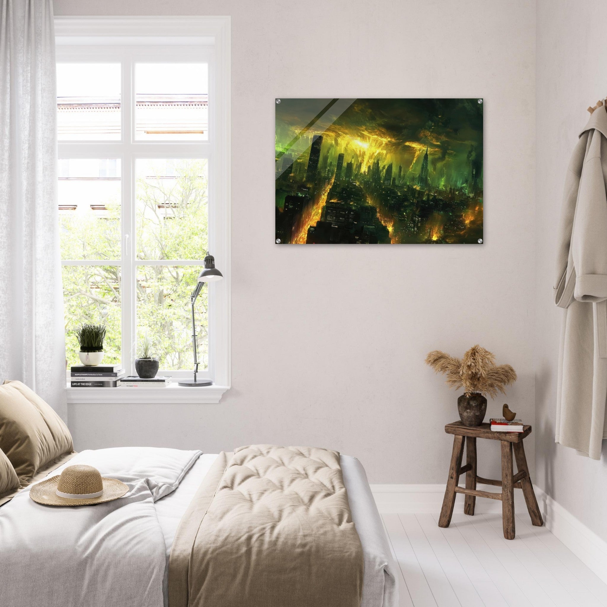 Acrylic Print Landscape - A sprawling city skyline but every building bend - Shop Ai Art WebShop - Digital Art online Store