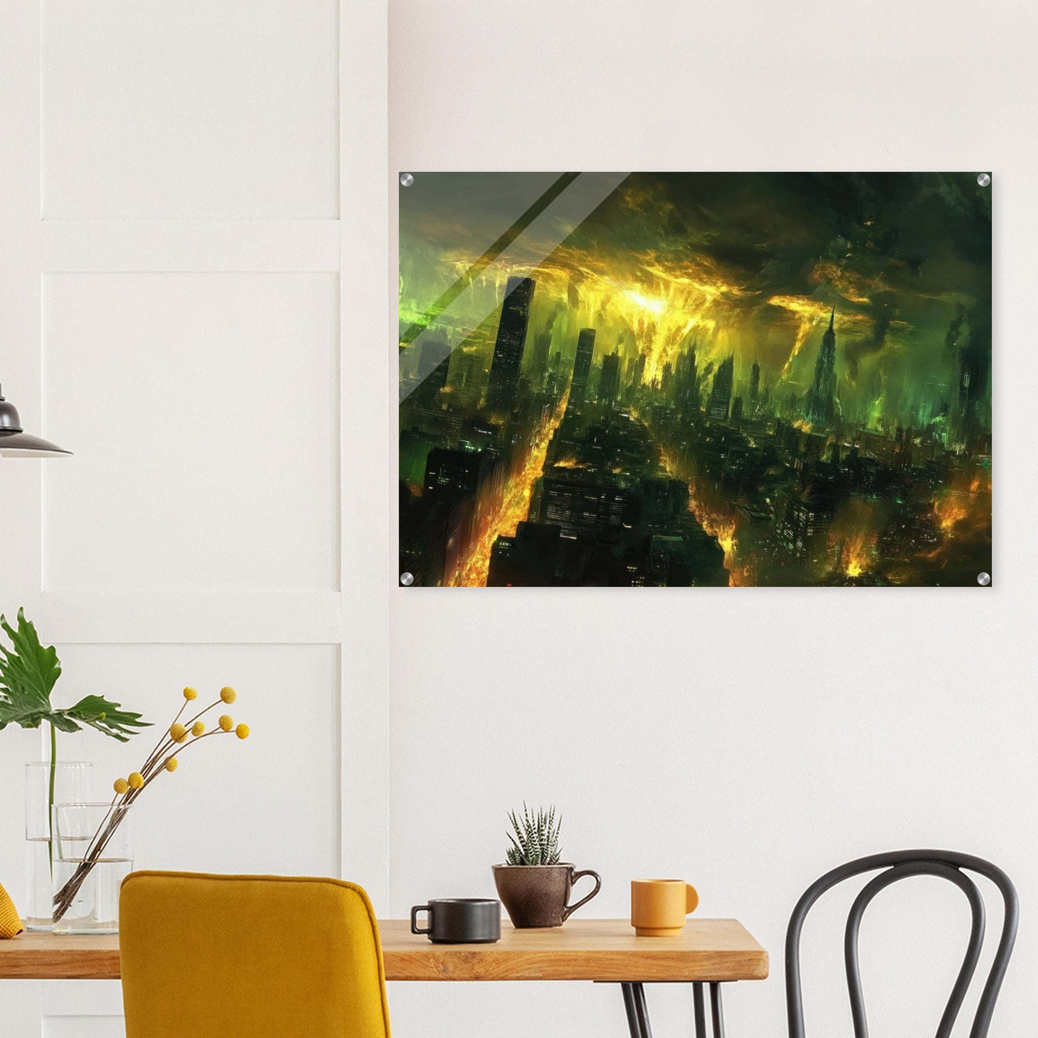 Acrylic Print Landscape - A sprawling city skyline but every building bend - Shop Ai Art WebShop - Digital Art online Store