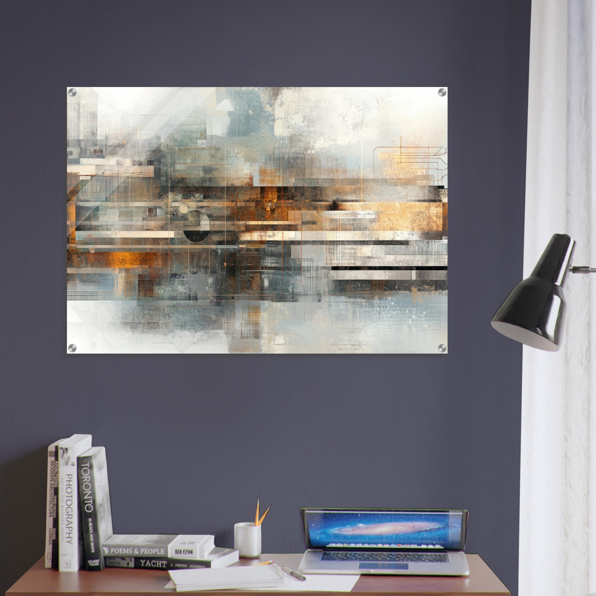 Acrylic Print Landscape - Mechanical Mirage Interlocking metallic structure 2 - Shop Ai Art WebShop - Digital Art online Store