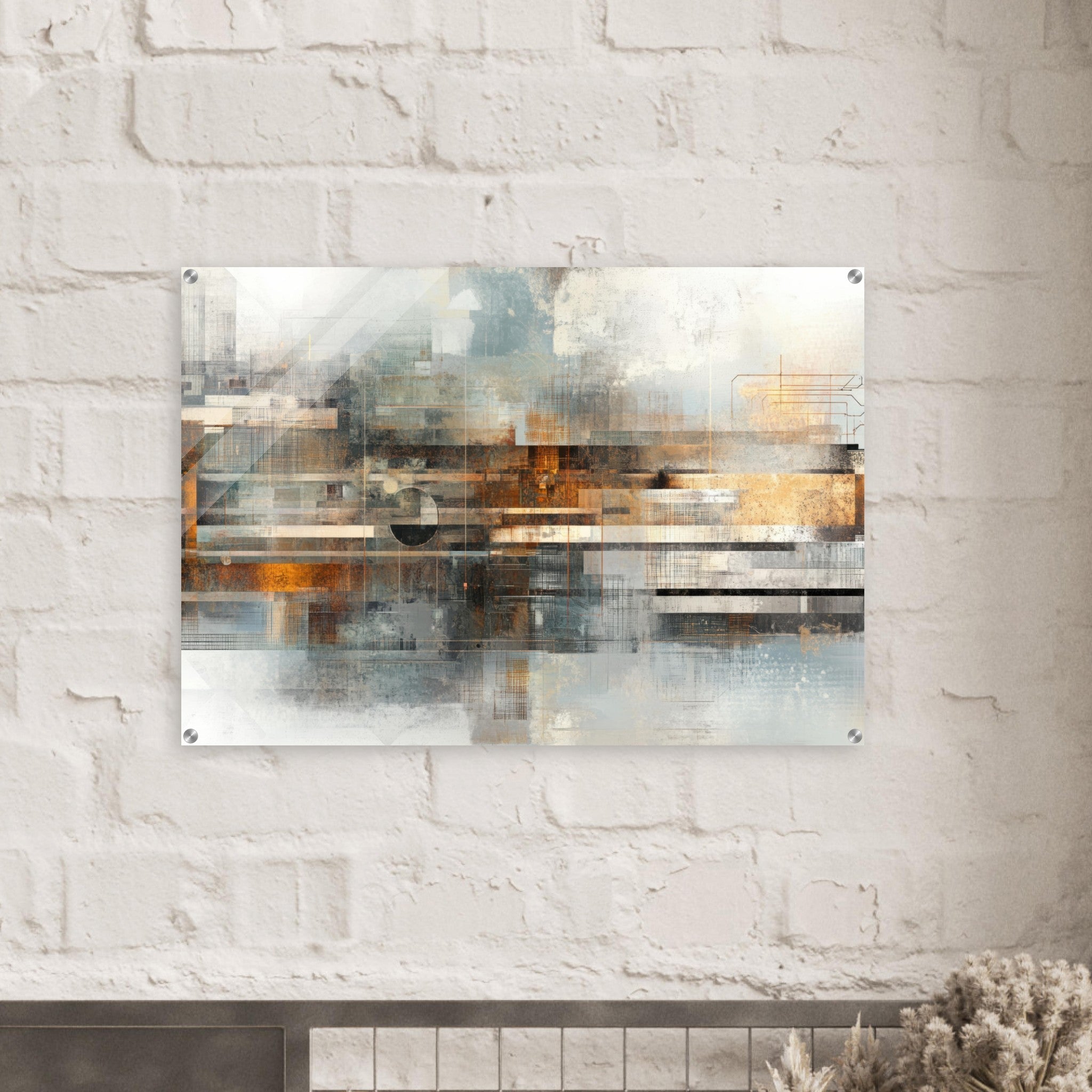 Acrylic Print Landscape - Mechanical Mirage Interlocking metallic structure 2 - Shop Ai Art WebShop - Digital Art online Store