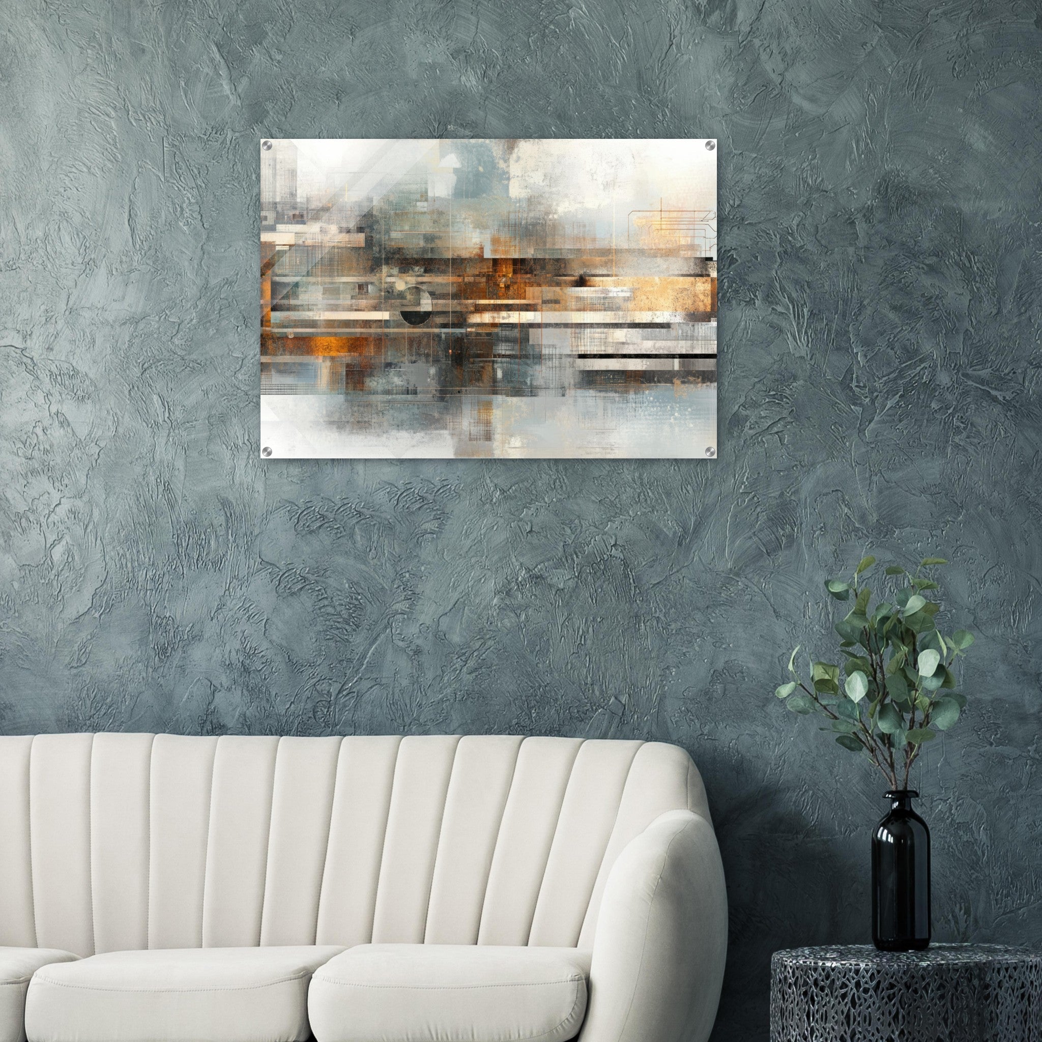 Acrylic Print Landscape - Mechanical Mirage Interlocking metallic structure 2 - Shop Ai Art WebShop - Digital Art online Store