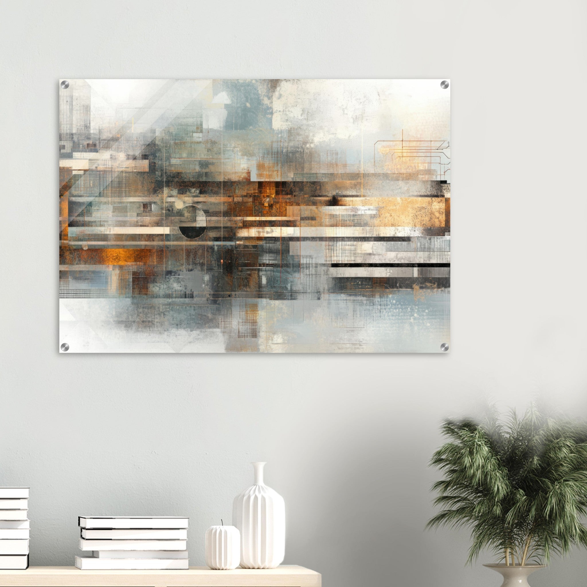 Acrylic Print Landscape - Mechanical Mirage Interlocking metallic structure 2 - Shop Ai Art WebShop - Digital Art online Store