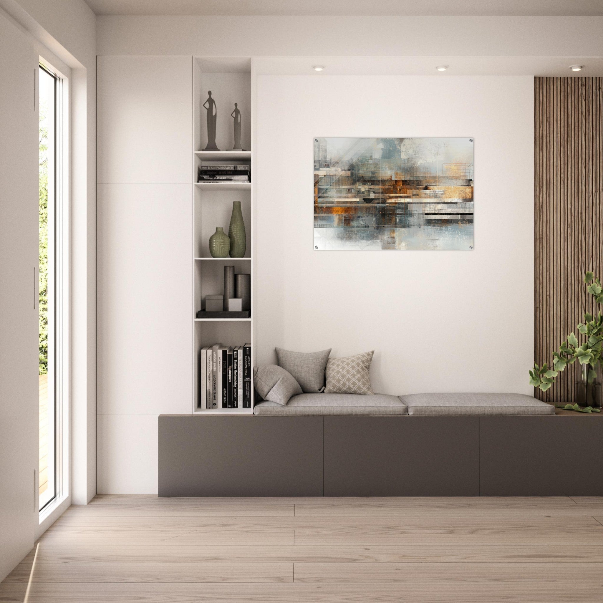 Acrylic Print Landscape - Mechanical Mirage Interlocking metallic structure 2 - Shop Ai Art WebShop - Digital Art online Store