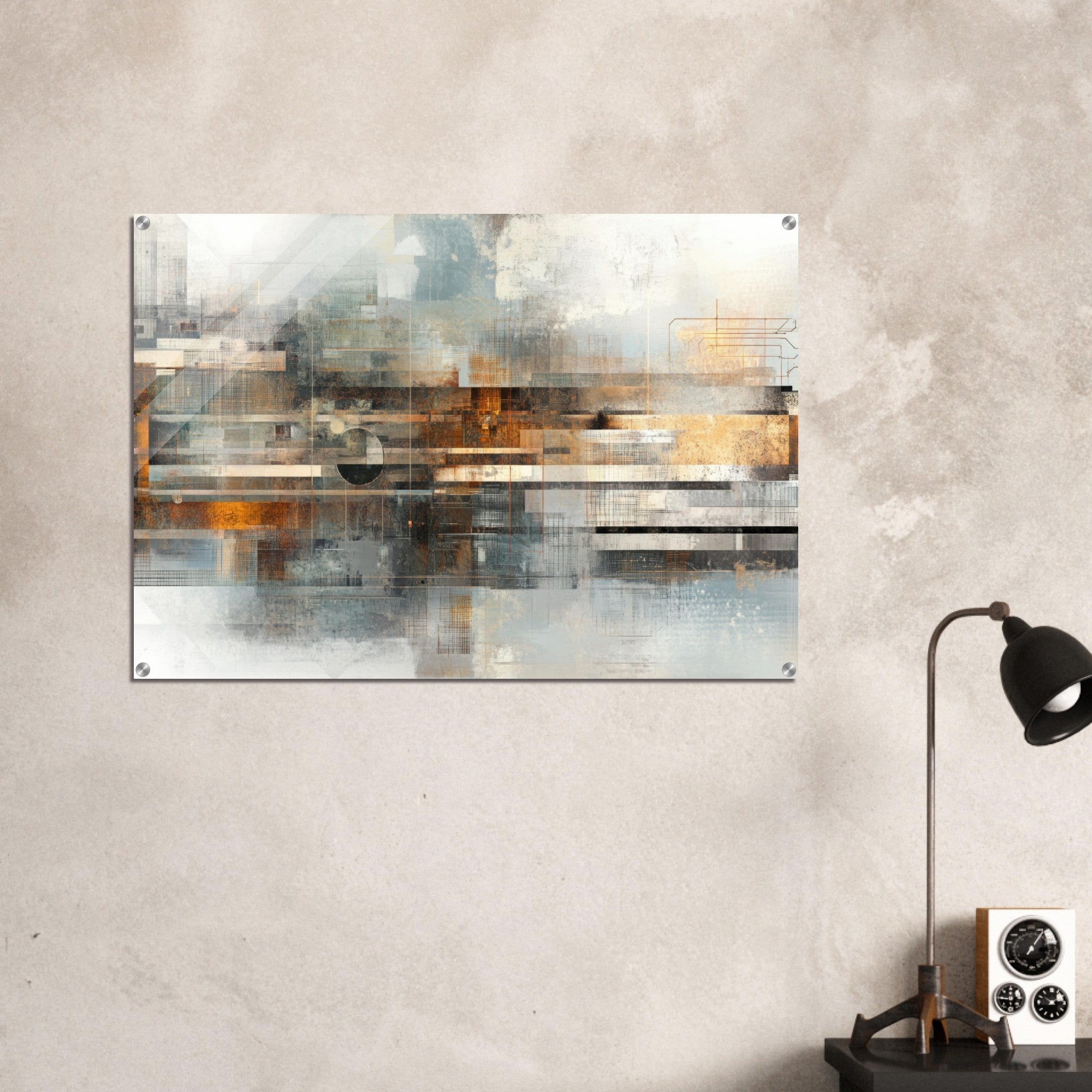 Acrylic Print Landscape - Mechanical Mirage Interlocking metallic structure 2 - Shop Ai Art WebShop - Digital Art online Store