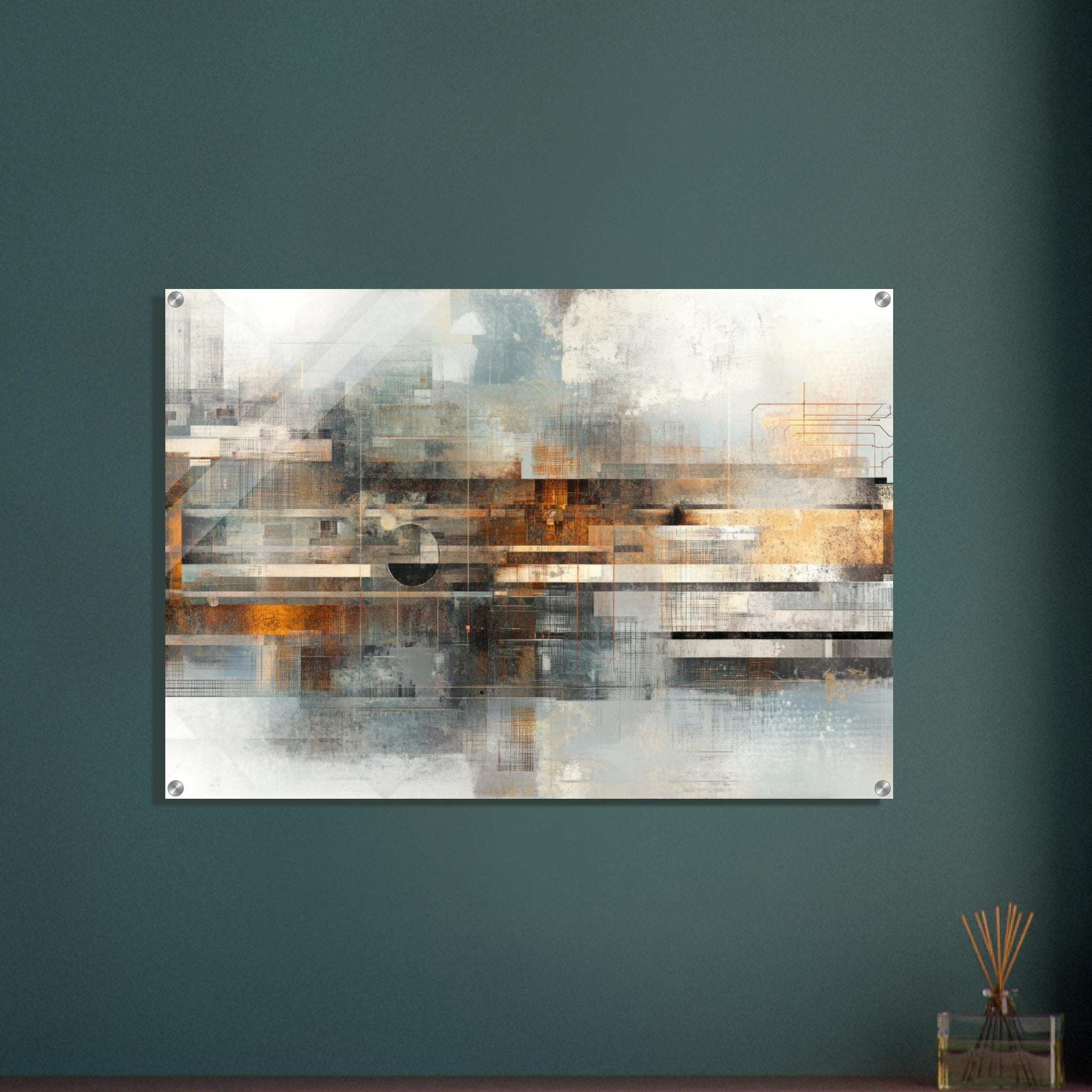 Acrylic Print Landscape - Mechanical Mirage Interlocking metallic structure 2 - Shop Ai Art WebShop - Digital Art online Store
