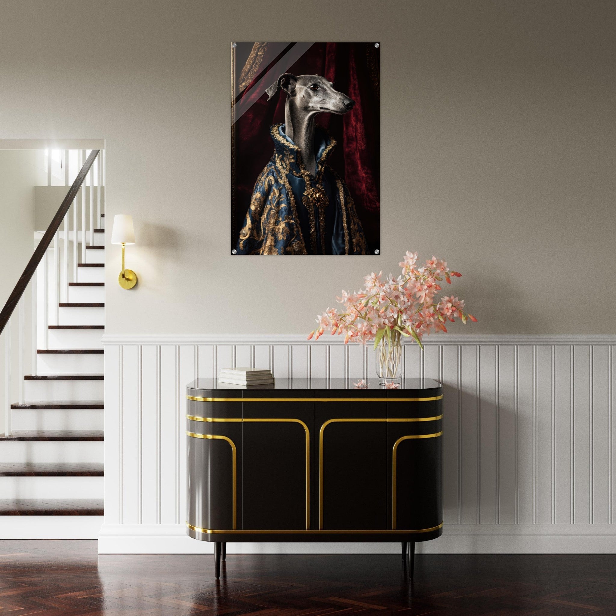 Acrylic Print Portrait - Elegant Baroque Greyhound Portrait A sleek grey 2 - Ai Art Force