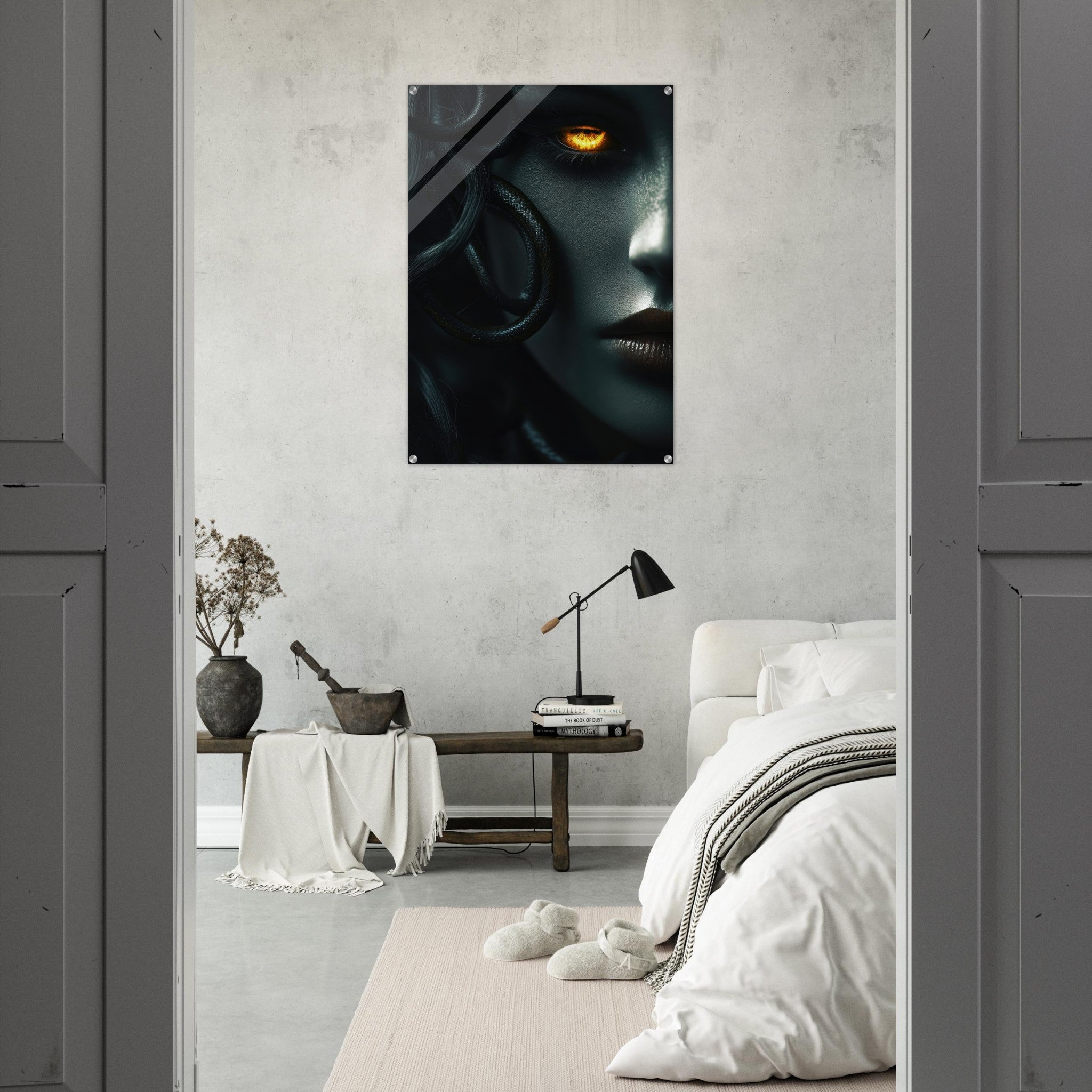 Acrylic Print Portrait - Minimalist Medusas Gaze Minimalism Tight - Focus - Shop Ai Art WebShop - Digital Art online Store