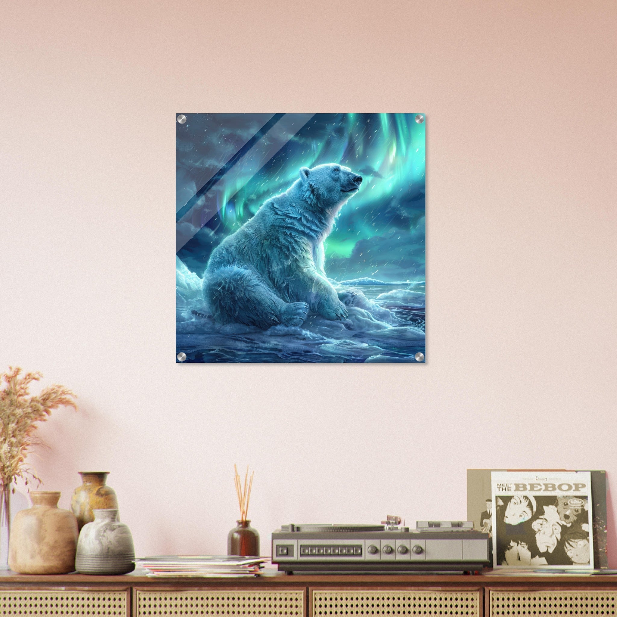Acrylic Print Square - Polar Bear in the cold Night Enjoying the Northern Lights - Ai Art Force