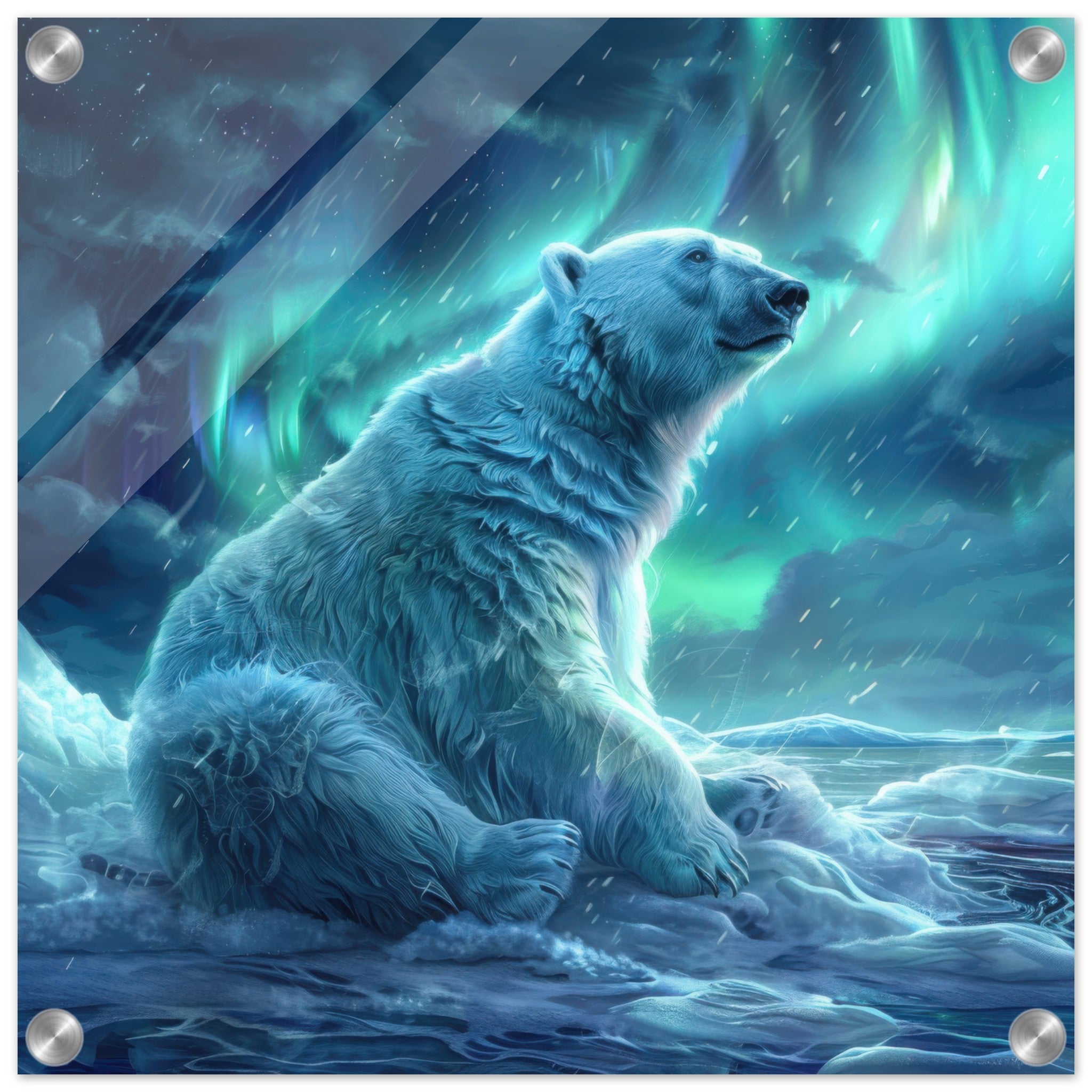 Acrylic Print Square - Polar Bear in the cold Night Enjoying the Northern Lights - Ai Art Force